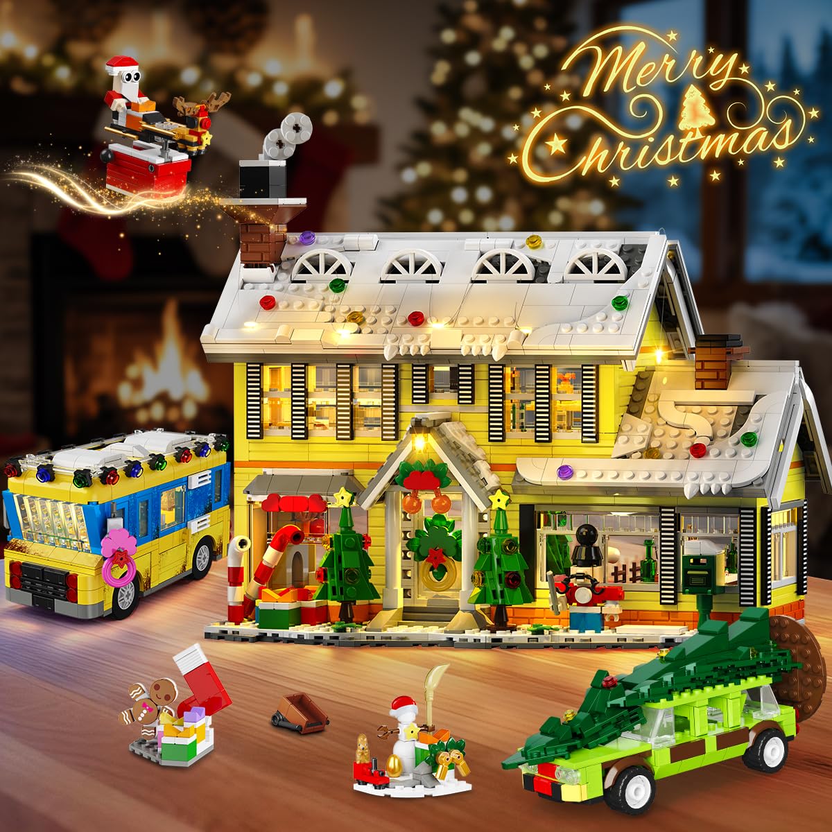 CUBIMANA 2025 Christmas Gingerbread House Village Building Set with Light - 1993PCS Holiday Snow Village Mini Building Blocks Toy with Bus & Pickup Truck Xmas Gifts for Adults Kids Boys Girls Age 12+