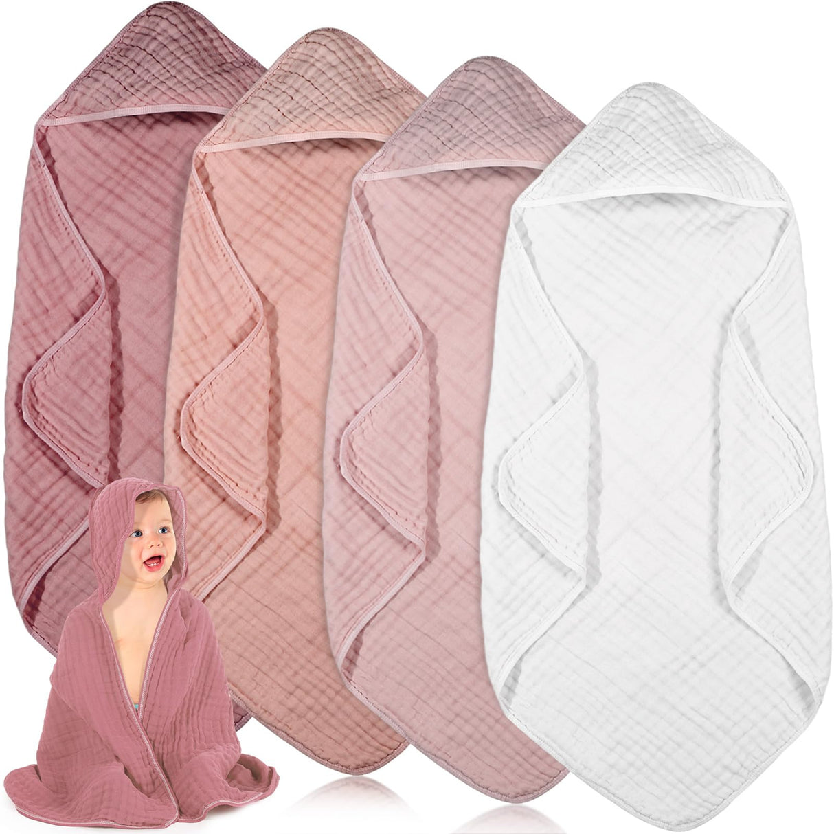 Peryiter 4 Pcs Muslin Hooded Baby Towels, 32"x 32" Cotton Newborn Bath Towel Muslin Infant Baby Blankets Absorbent Unisex Christmas Registry Gift Essentials for Girls Boys (Light Pink)