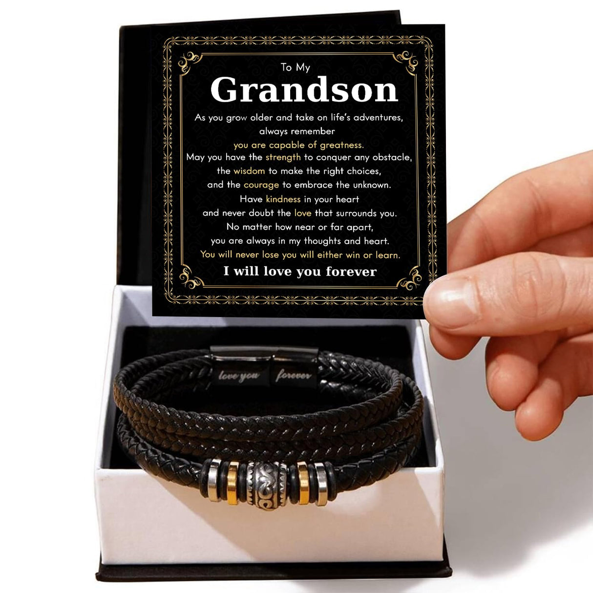 Mapileng To My Grandson – Braided Leather Bracelet with Love You Forever Message, Thoughtful Gift from Grandpa & Grandma with Elegant Gift Box – Ideal for Birthday, Graduation, Christmas For Grandson
