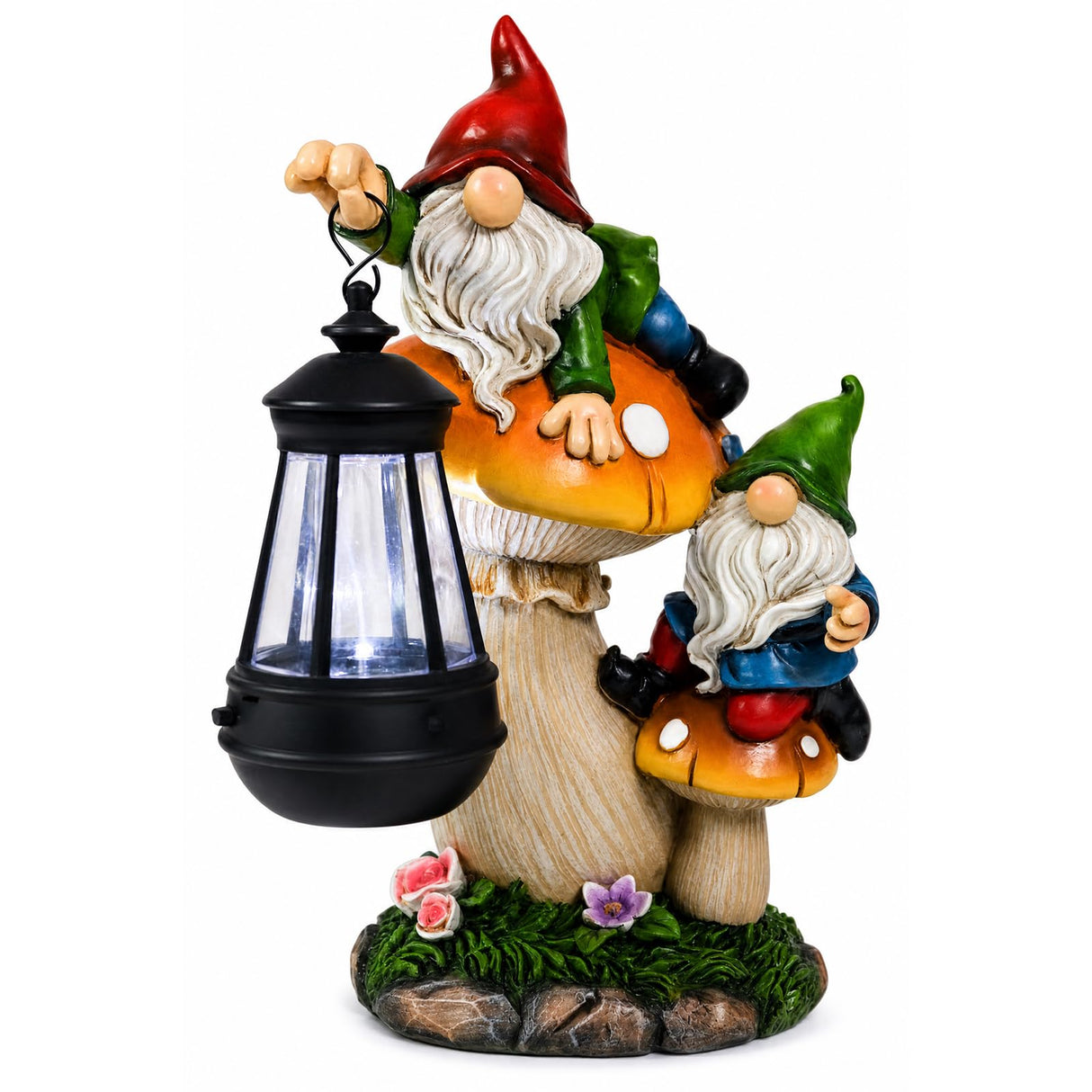 Ovewios Garden Gnome Statue, Large Funny Gnome Figurine Climbing on Mushroom and Holding a Solar LED Lantern Resin Ornament for Patio Yard Lawn Porch Outdoor Decor