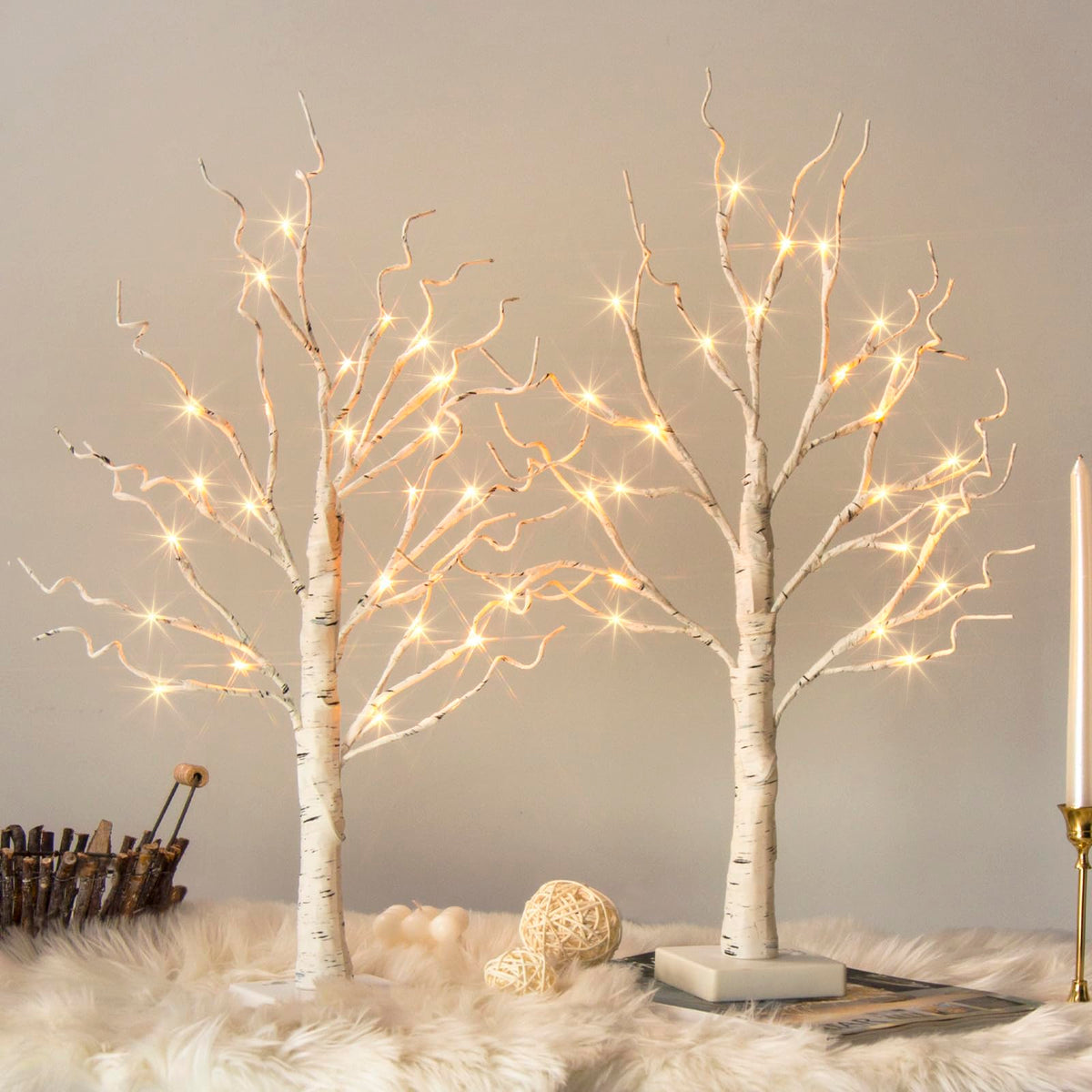 Vanthylit White Birch Tree with LED Lights - Set of 2, Tabletop Tree with Timer, Christmas Decorations Lighted Tree for Indoor Mantel Home Decor (2 FT, 24 LED)