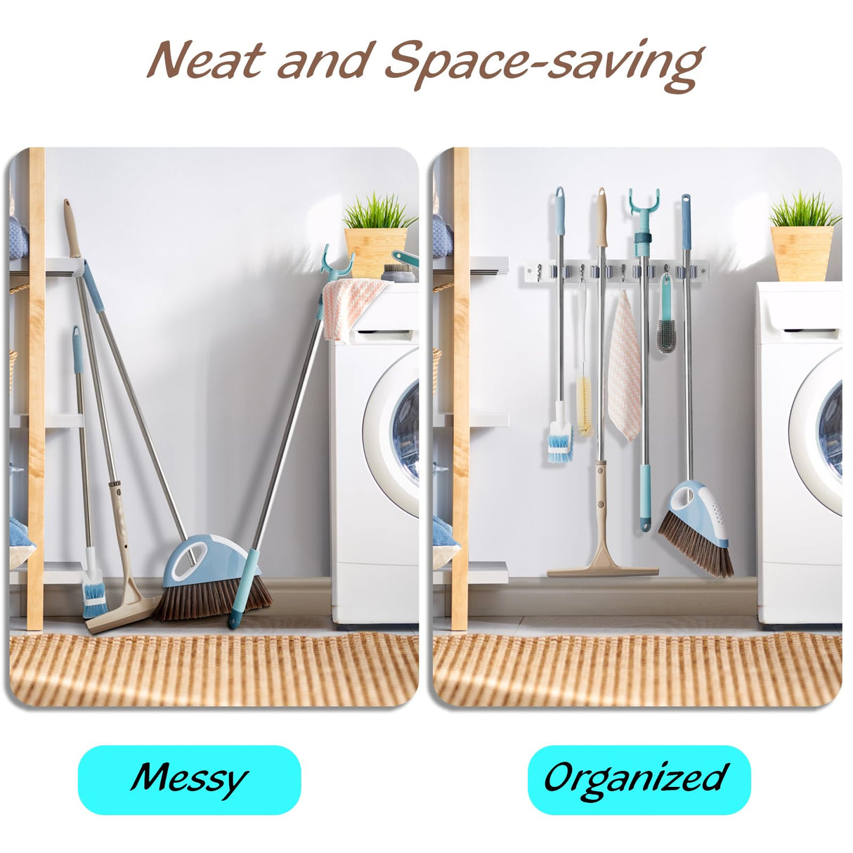 OUTNILI White Mop Broom Holder Wall Mount with 4 Slots & 4 Hooks - Wood Broom Mop Hanger for Pantry Closet Laundry Room Organization - Heavy Duty Garden Tool Organizer - White Kitchen Decor