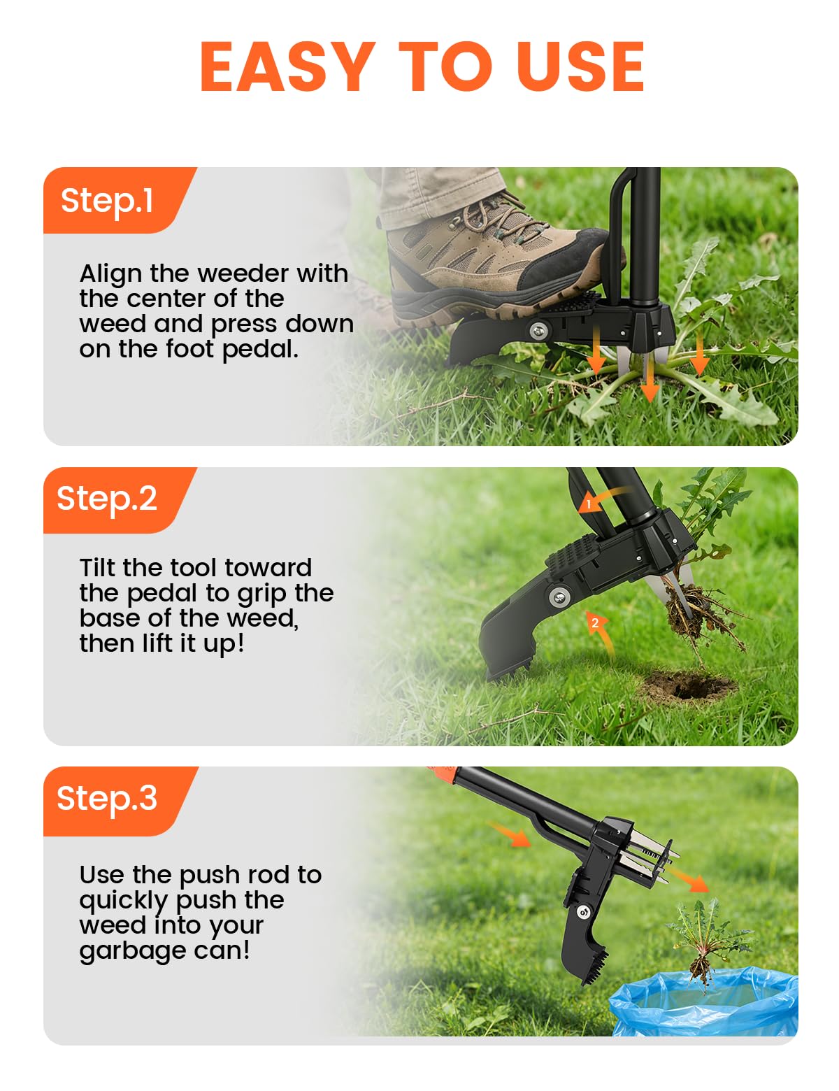 Weed Puller Tool 4-Claw Stand Up Weed Remover tools with Ergonomic Long Handle/Foldable Foot Pedal/Easy Eject,Heavy Duty Garden Weeding Tools for Dandelion,Crabgrass,Thistle–No Bending Kneeling