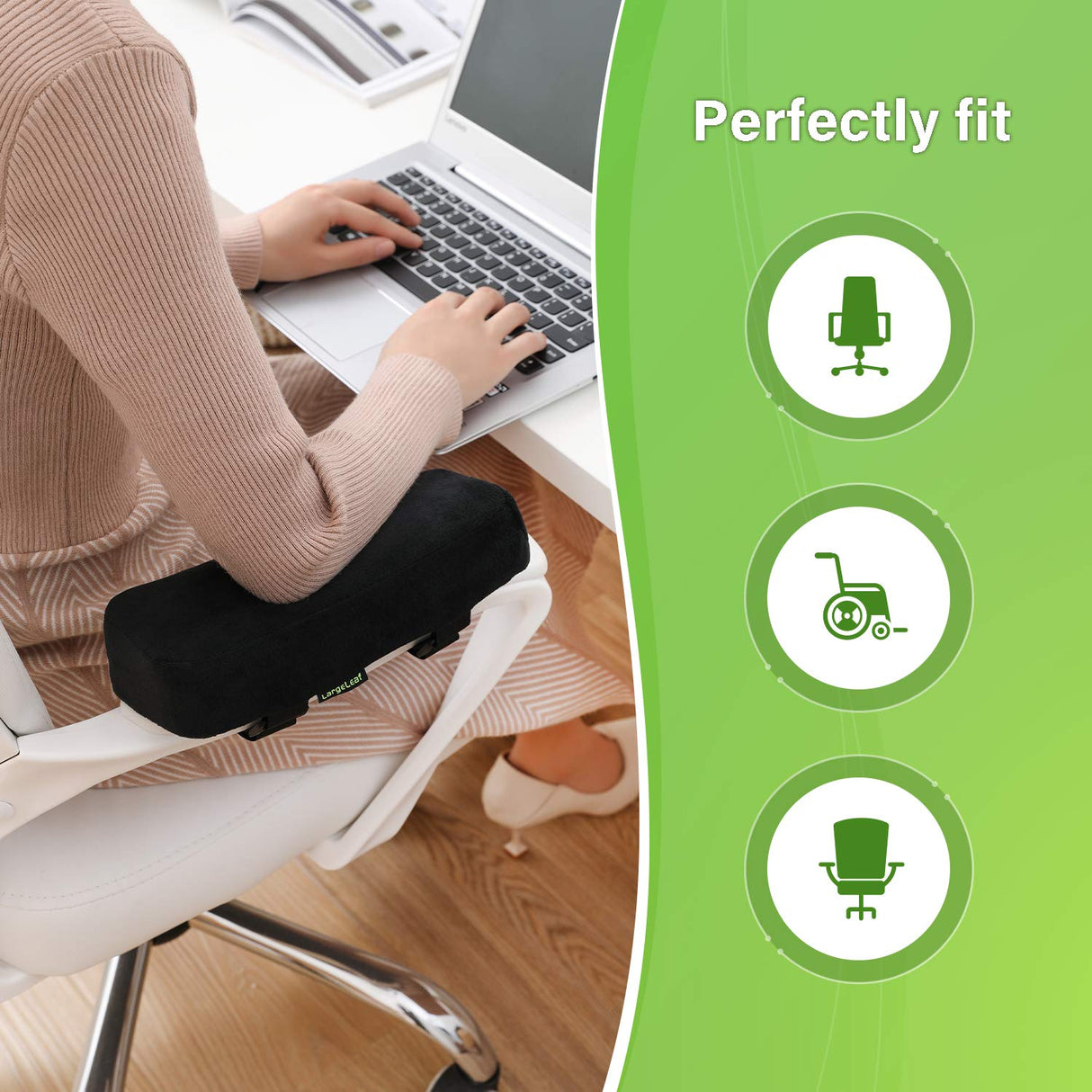 LargeLeaf Extra Thick 2 inches Chair with Memory Foam Armrest Pads 2-Piece Set (Black)