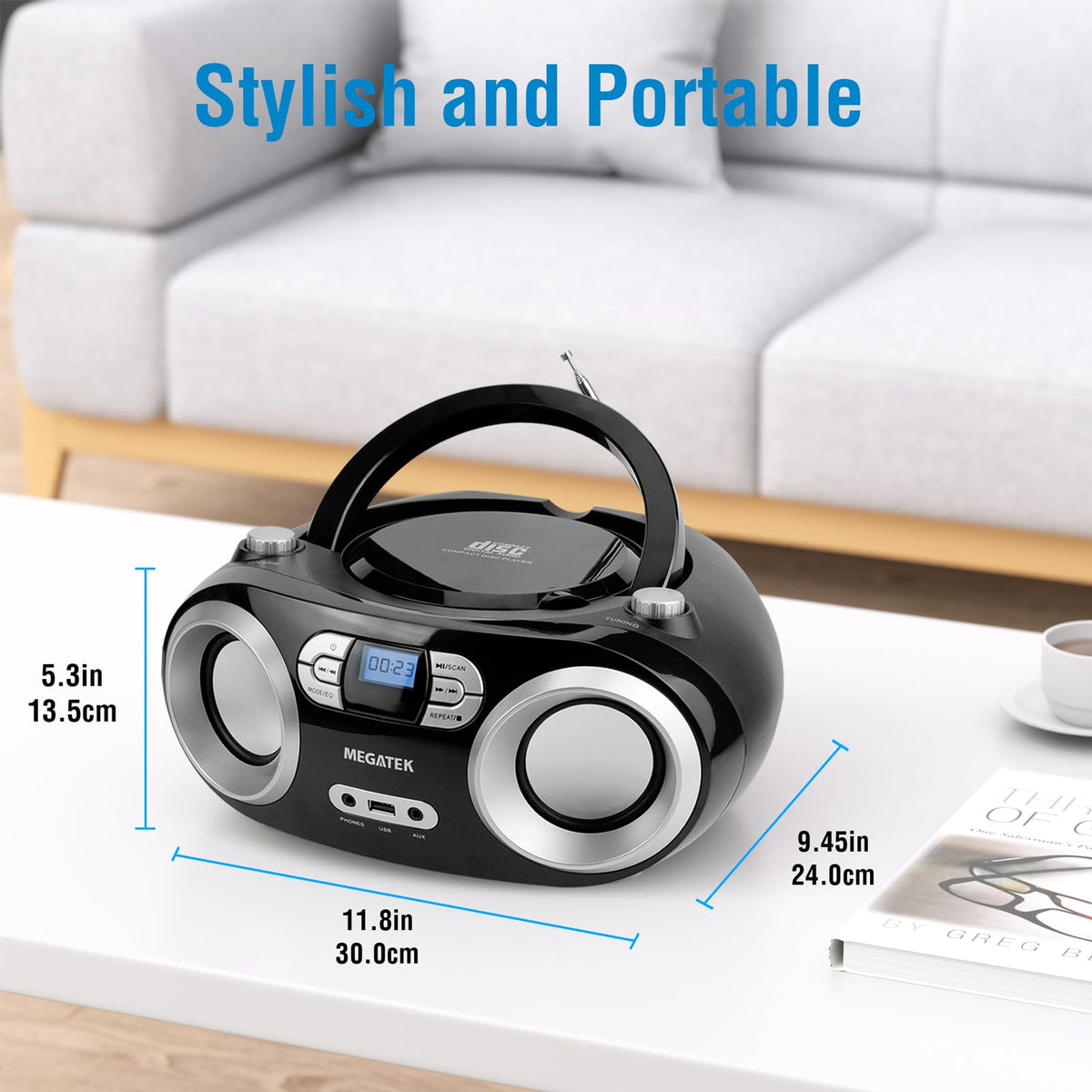 MEGATEK Portable CD Player Boombox with Bluetooth & FM Radio – Black