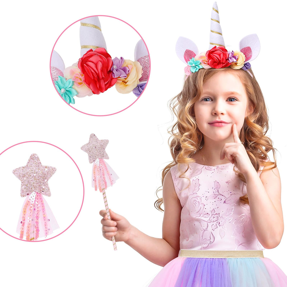 Tacobear 8pcs Unicorn Costume for Girl with Fluffy Glove, Leg Warmer, Feather Wings, Tutu Skirt, Headband, Wand, Halloween Christmas Birthday Gift Toy Dress Up Clothes Unicorn Dress for Girl 4 5 6 7 8