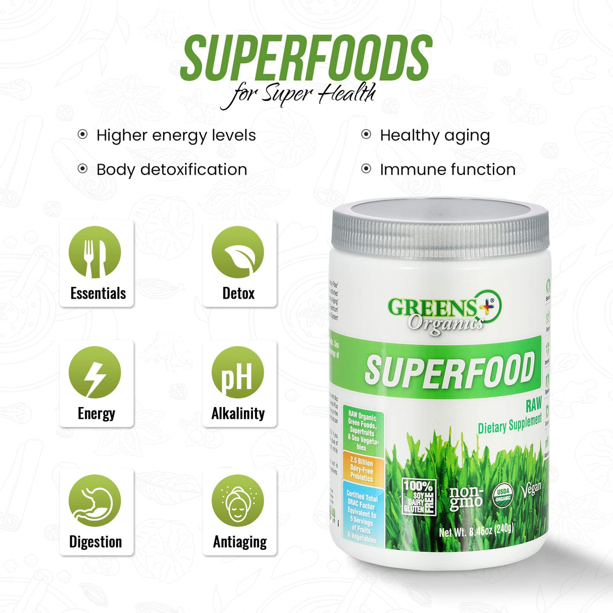 Greens+ Organic RAW Superfood Powder, Super Blend Immune Support, Morning Kick, Energy Boost, Nutrition Vibrant Health, Dietary Supplement, Vegan Soy/Dairy/Gluten Free(8.46oz)