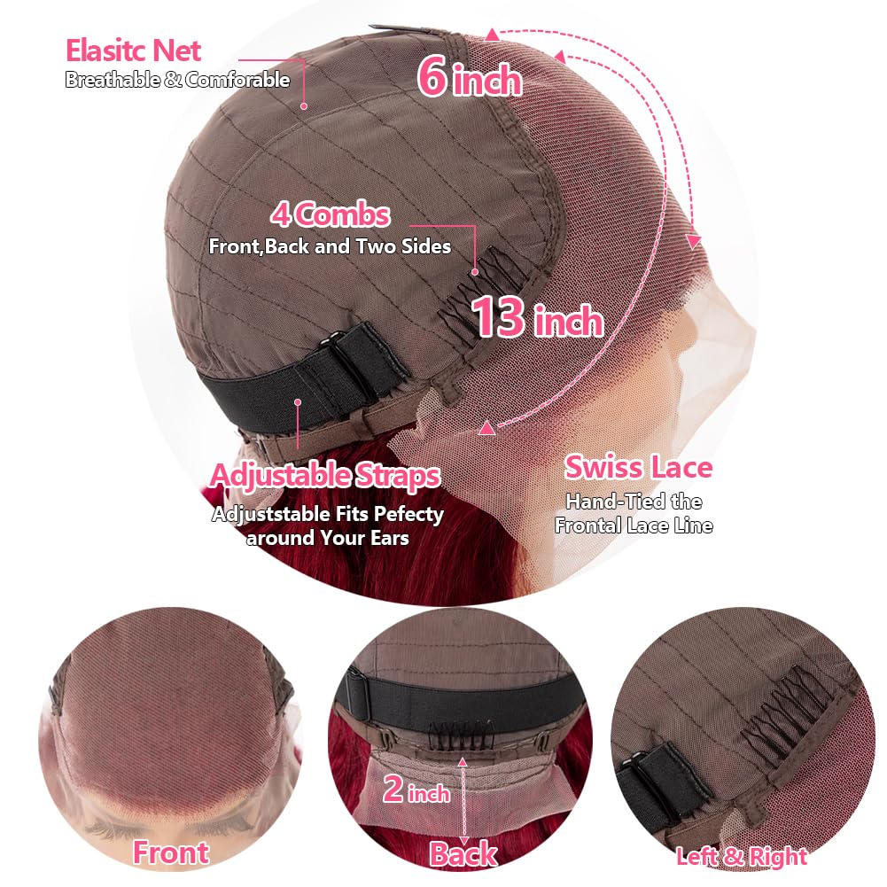 22inch 99j Burgundy Lace Front Wigs Human Hair Pre Plucked 180% Density 13x6 Body Wave HD Transparent Lace Frontal Glueless Wigs Human Hair Red Wigs For Black Women Natural Hairline with Baby Hair