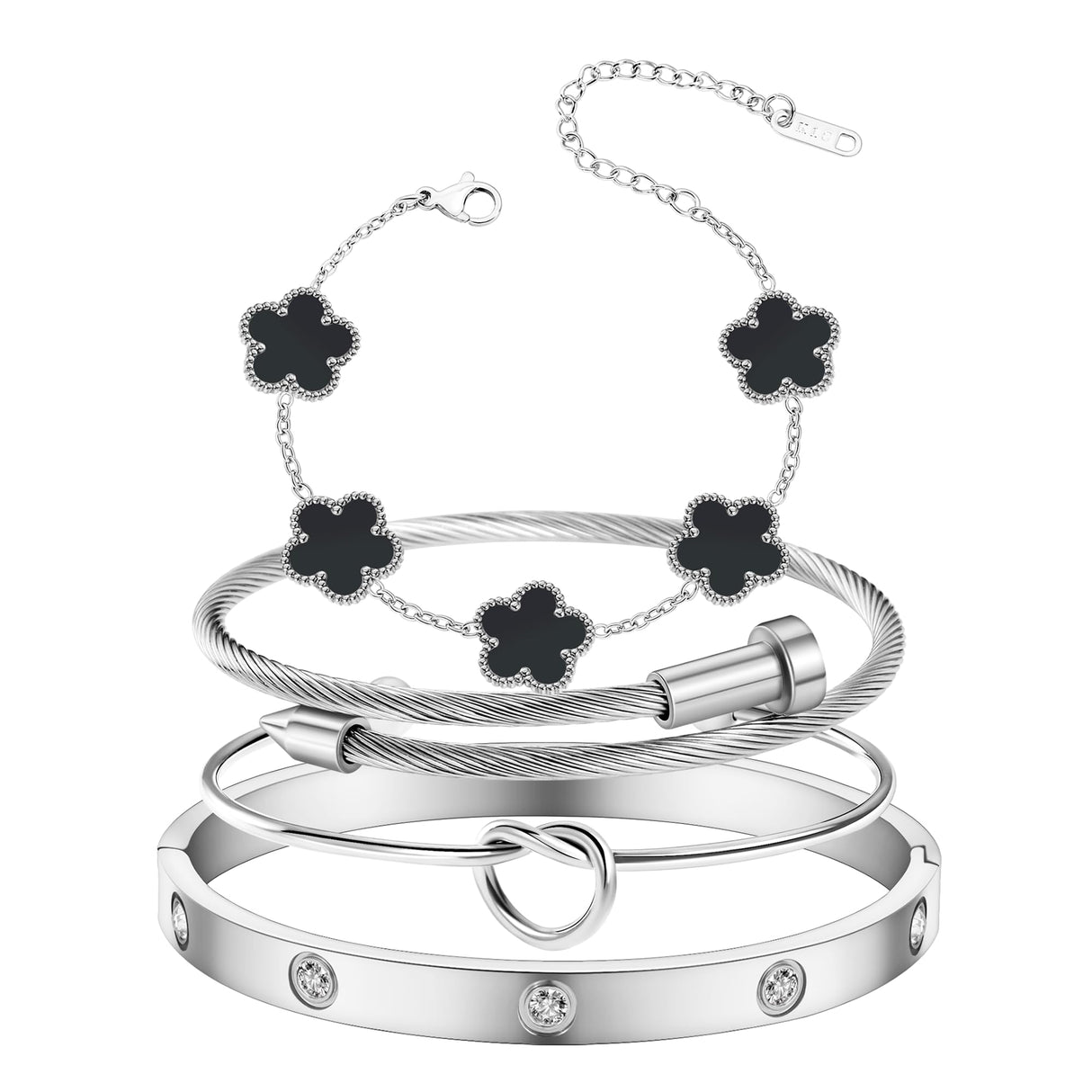 MAOCEN Womens 4Pcs Stackable Floral Gold Bracelets Stainless Steel Bangle Bracelets Non Tarnish Silver Set Trendy Jewelry Gifts for Womens (Silver and Black, Medium 6.5in)