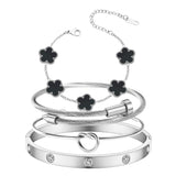 MAOCEN Womens 4Pcs Stackable Floral Gold Bracelets Stainless Steel Bangle Bracelets Non Tarnish Silver Set Trendy Jewelry Gifts for Womens (Silver and Black, Medium 6.5in)