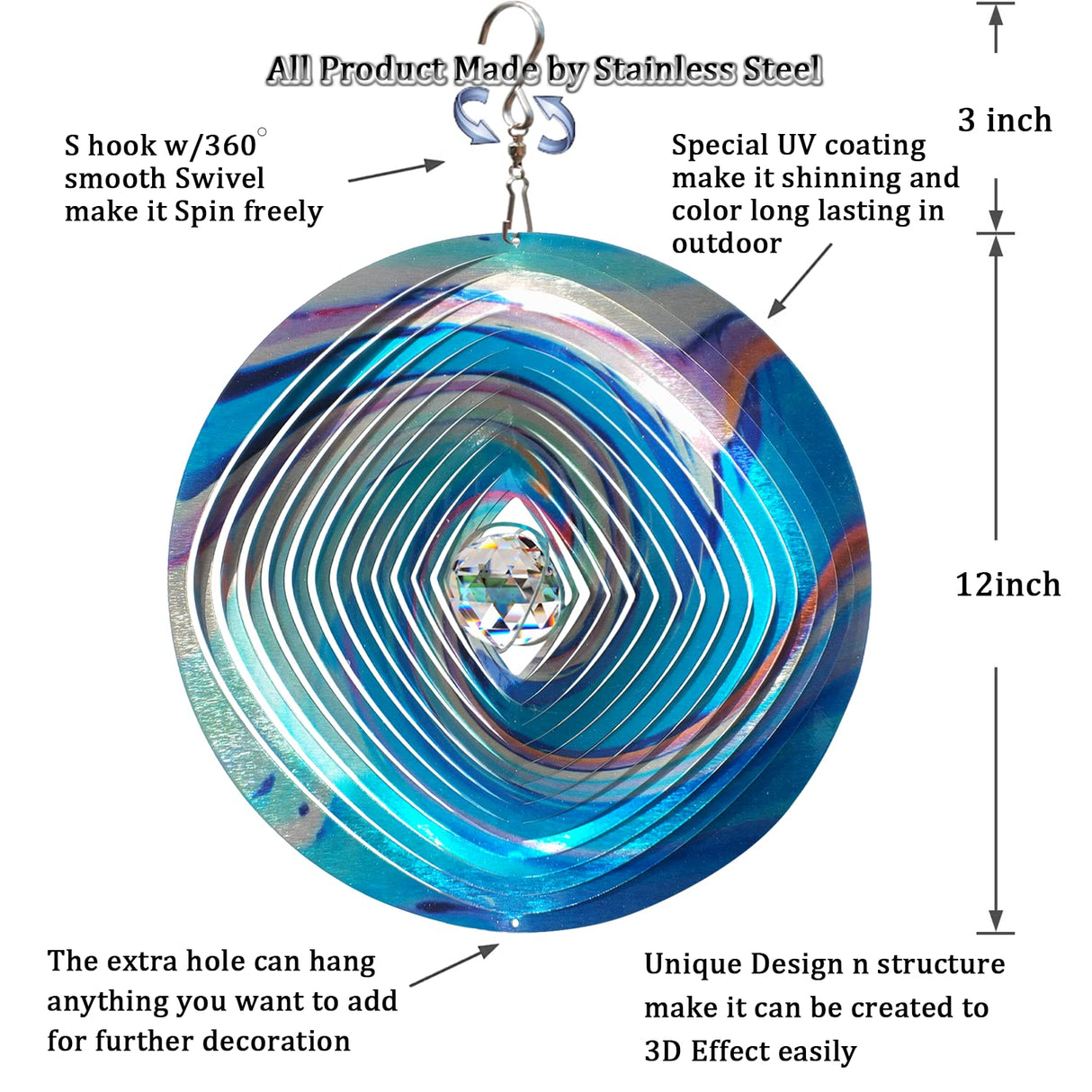 FONMY Mandala Wind Spinner w/Crystal Ball 3D Stainless Steel Hanging Wind Spinner Worth Gift Christmas Decoration Indoor/Outdoor Garden Décor Kinetic Yard Art 12 Inches Multi Blue Wind Sculpture