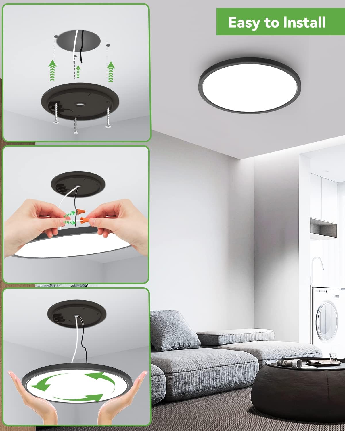 Zemty 8Pack 12 Inch LED Flush Mount Light, 28W 3200lm Super Slim Ceiling Light Fixture, 3000K/4500K/6000K Selectable Ceiling Lamp for Bedroom, Bathroom, Kitchen, Living Room (Black)