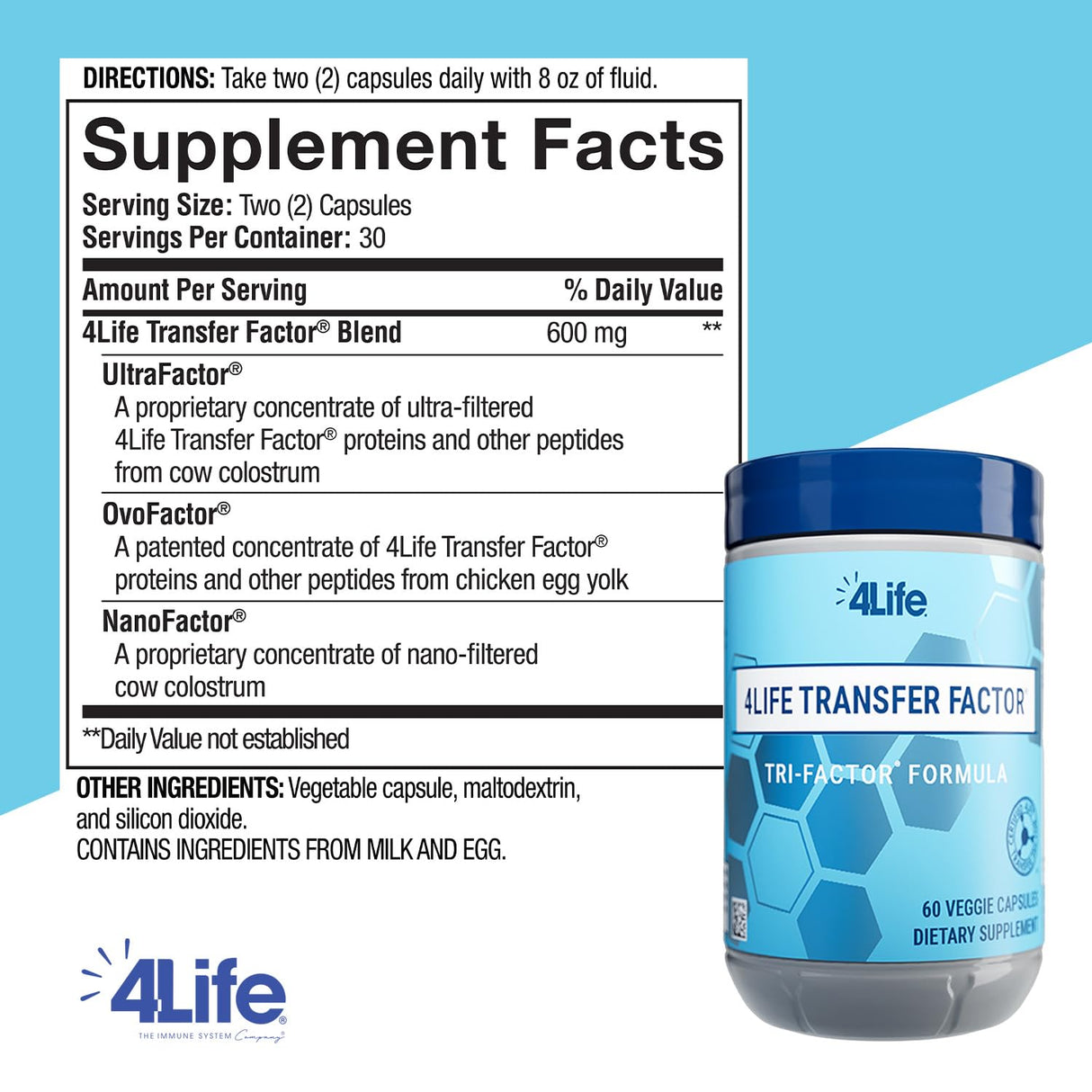 4Life Transfer Factor Tri-Factor Formula - Advanced Immune Support with Cow Colostrum & Chicken Egg Yolk - 60 Veggie Capsules