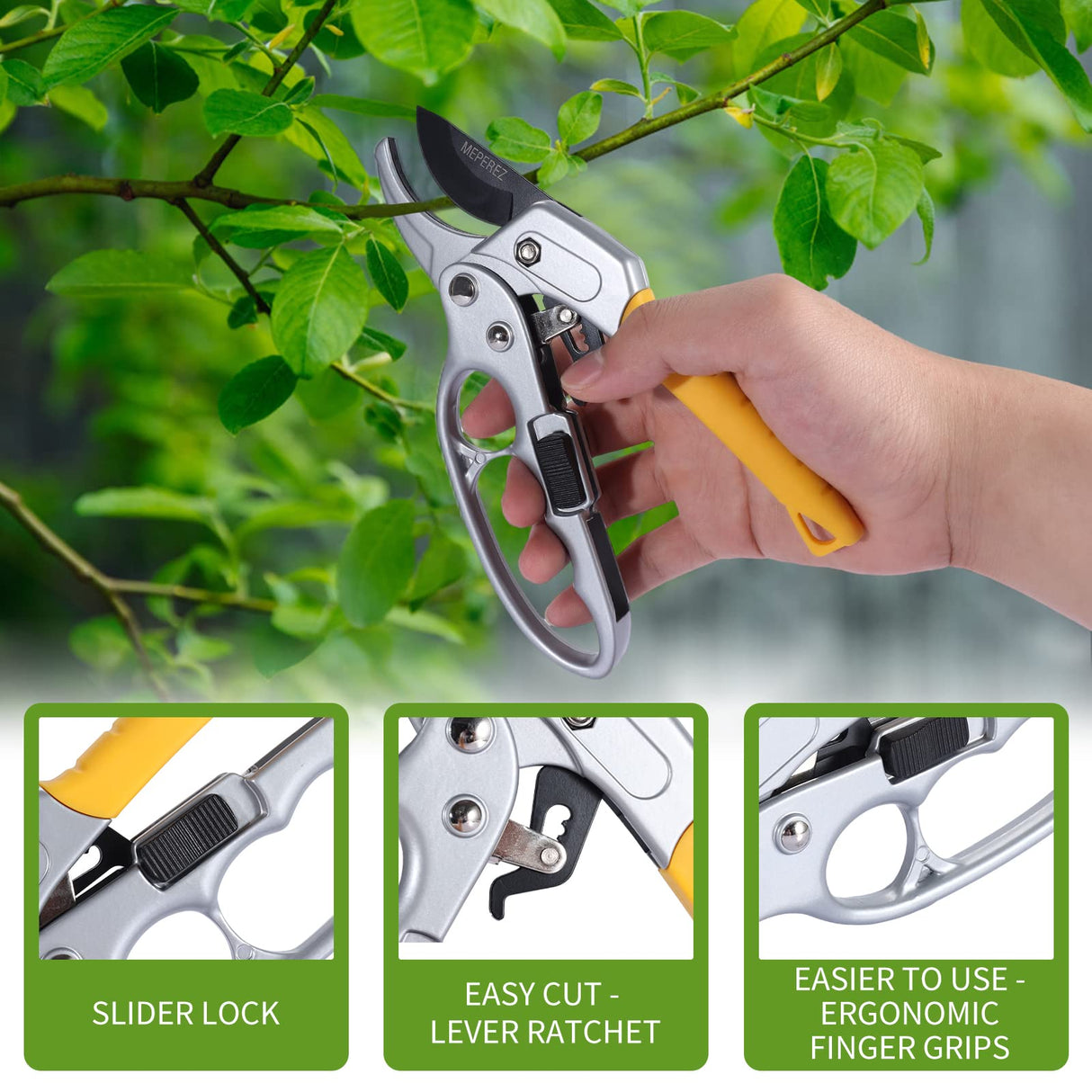 MEPEREZ Premium pruning shears for gardening, Work 3 times easier, Pruners heady duty, Sharp garden clippers cuting florist flower, hedge, herb, rose, Indoor live plants, Arthritis weak hand snips