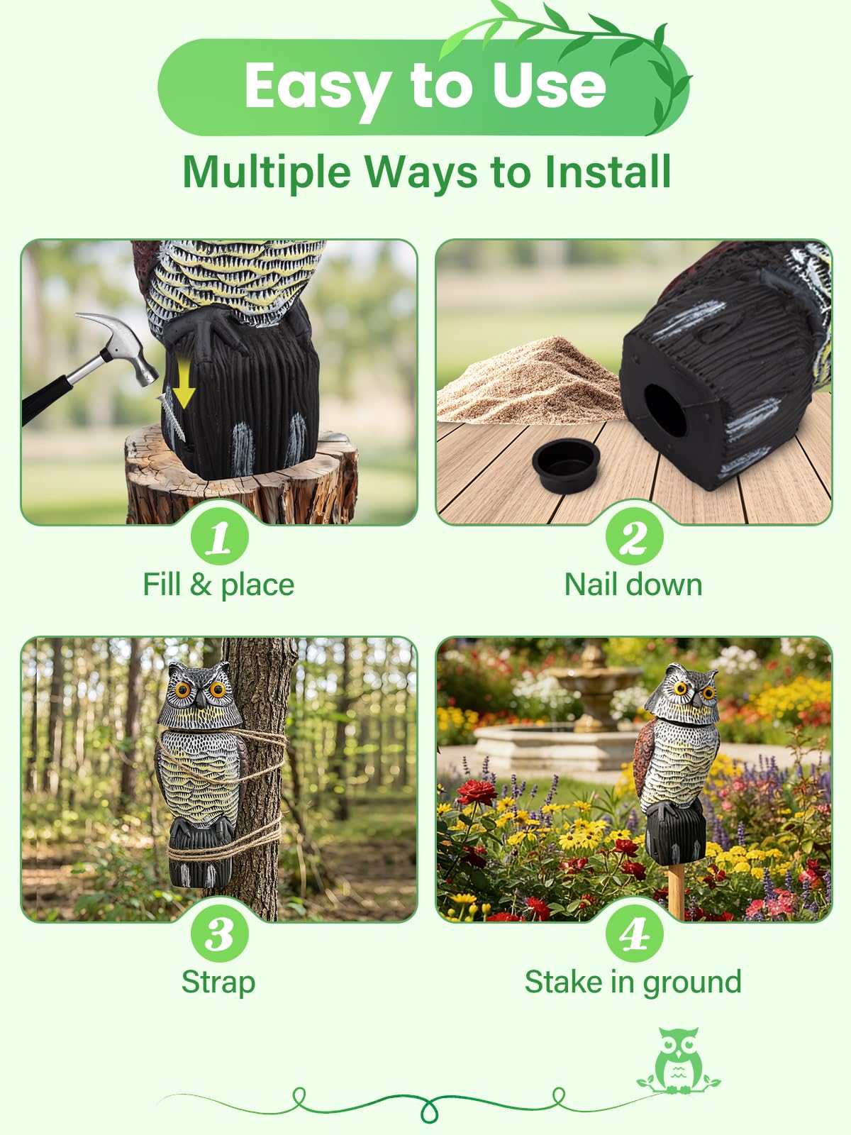 Pestvanish Owl Decoys to Scare Birds Squirrels Away, 360 Rotating Head Activated, Fake Owl Statues Repellent Pest Hawk Squirrel Cats Chickens Pigeon Bird Deterrents for Outside Garden Patios Backyard