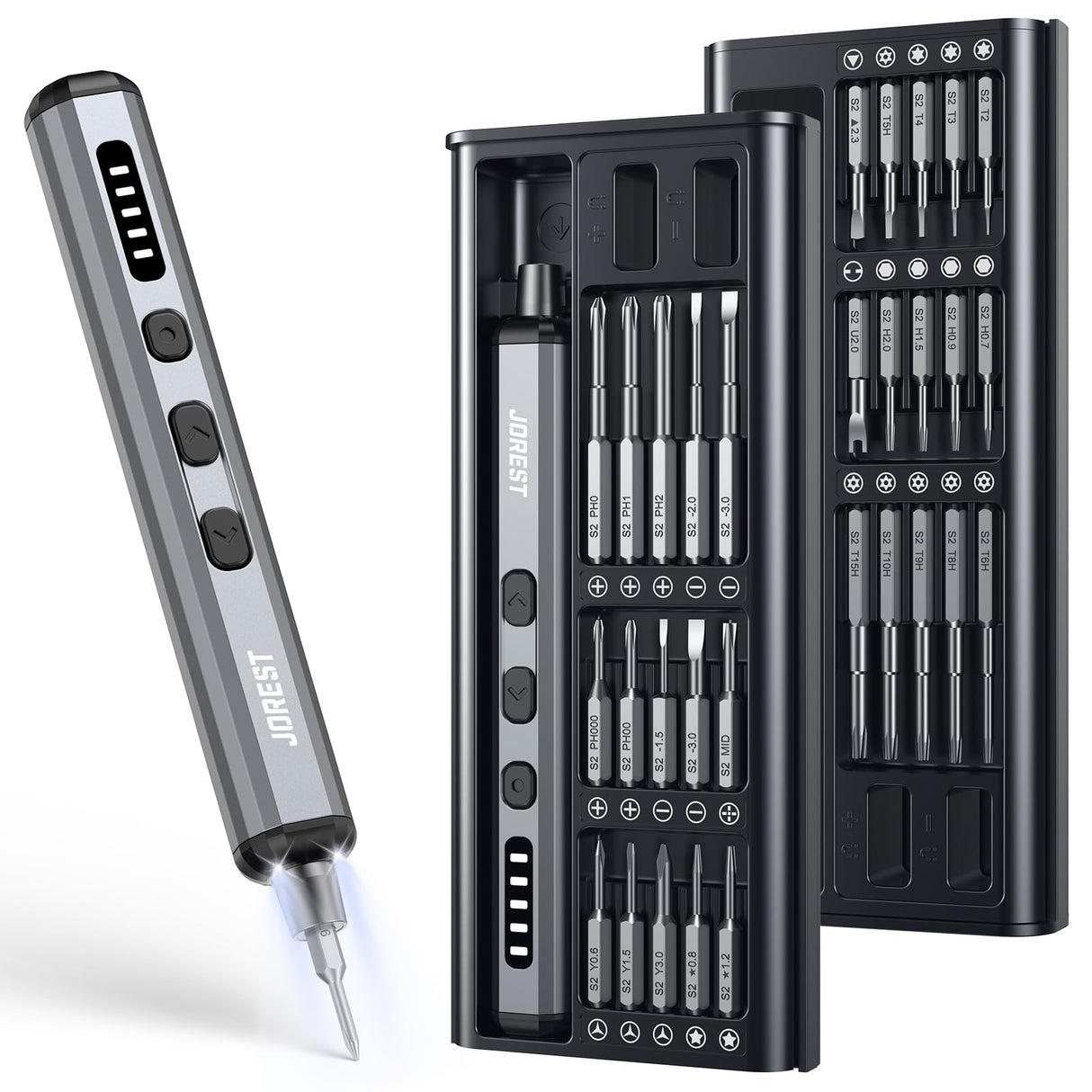 JOREST Mini Electric Screwdriver, Small Cordless Precision Screwdriver set with 38 Magnetic Bits, 5 Torque Settings, Repair Tool for iPhones, Laptop, Drone, Game Console, Camera; Gift for Father