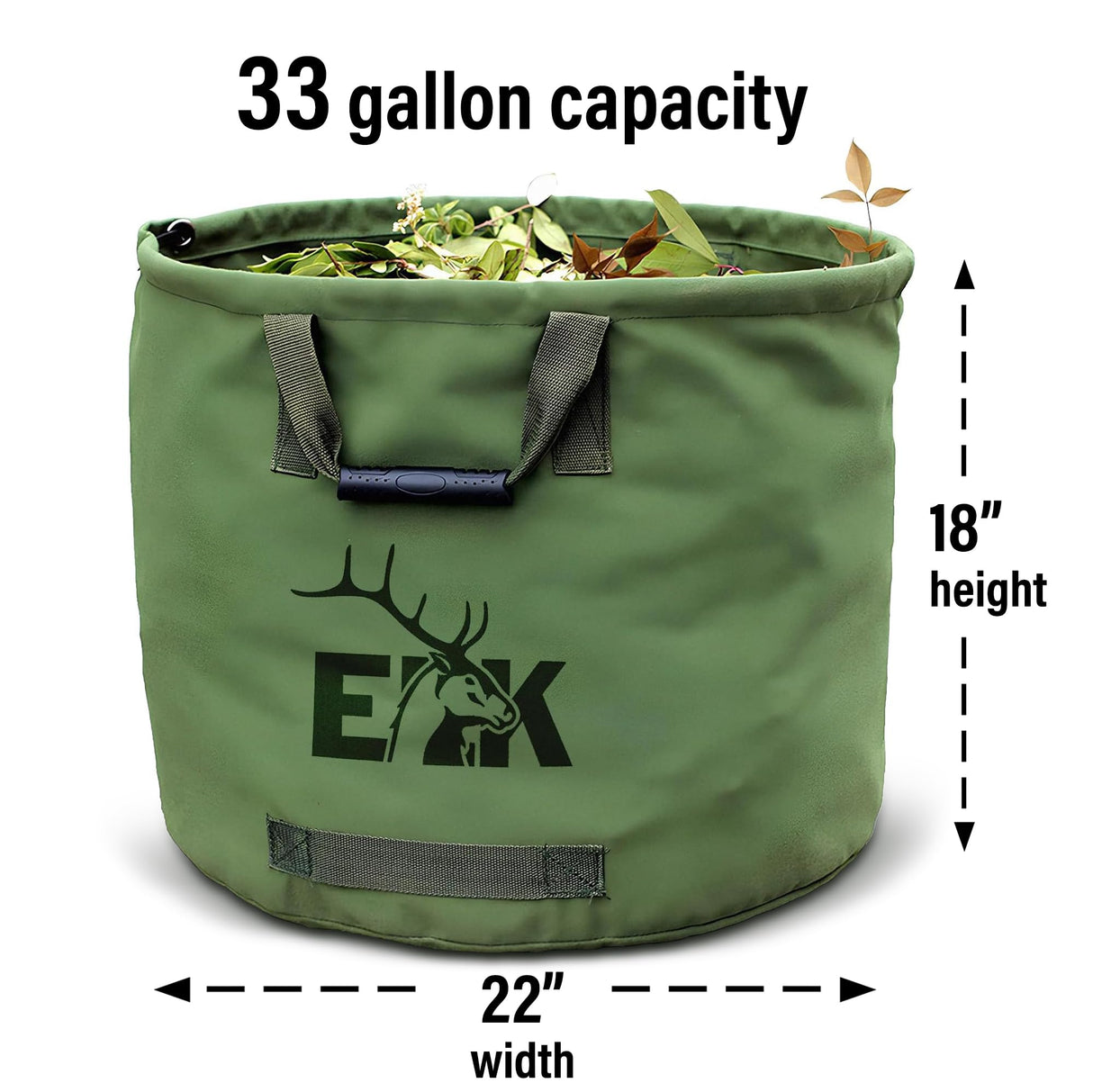 ELK 33-Gallon Non Self-Standing Multipurpose Garden Leaf Waste Bag - Durable Canvas for Yard Cleaning, Harvesting, and Storage - Heavy Duty with Rubber Handles and PVC Elastic Bone - 22" W x 18" H