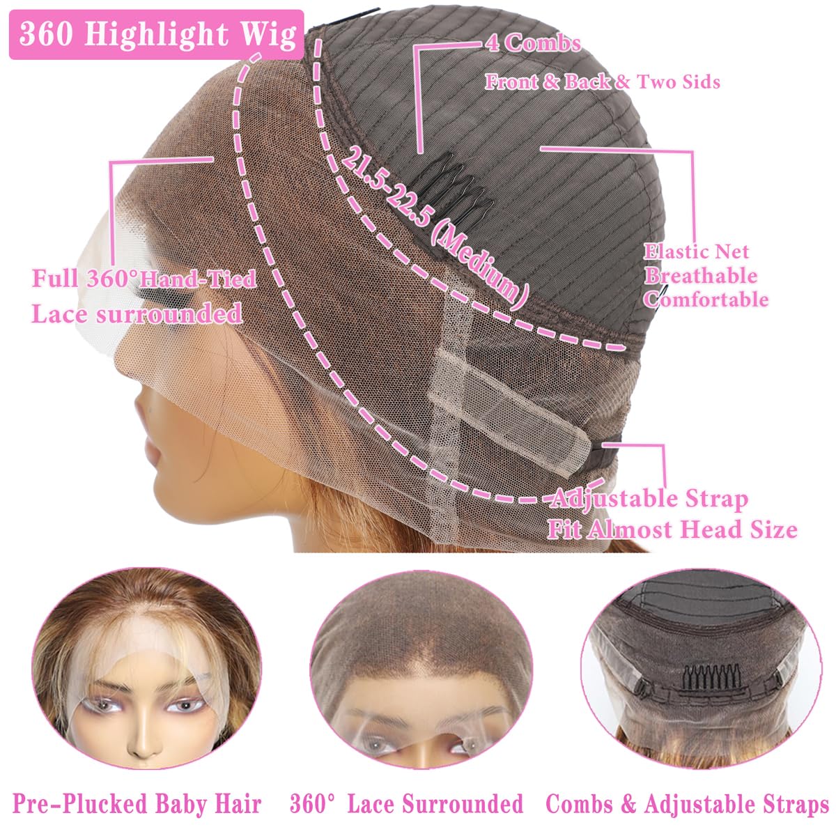 Atilck 360 Lace Front Wigs Human Hair Full Lace Human hair Wigs Ombre Lace Frontal 180 Density 4/27 Colored Honey Blonde 360 HD Transparent Wigs for Black Women (22 Inch)