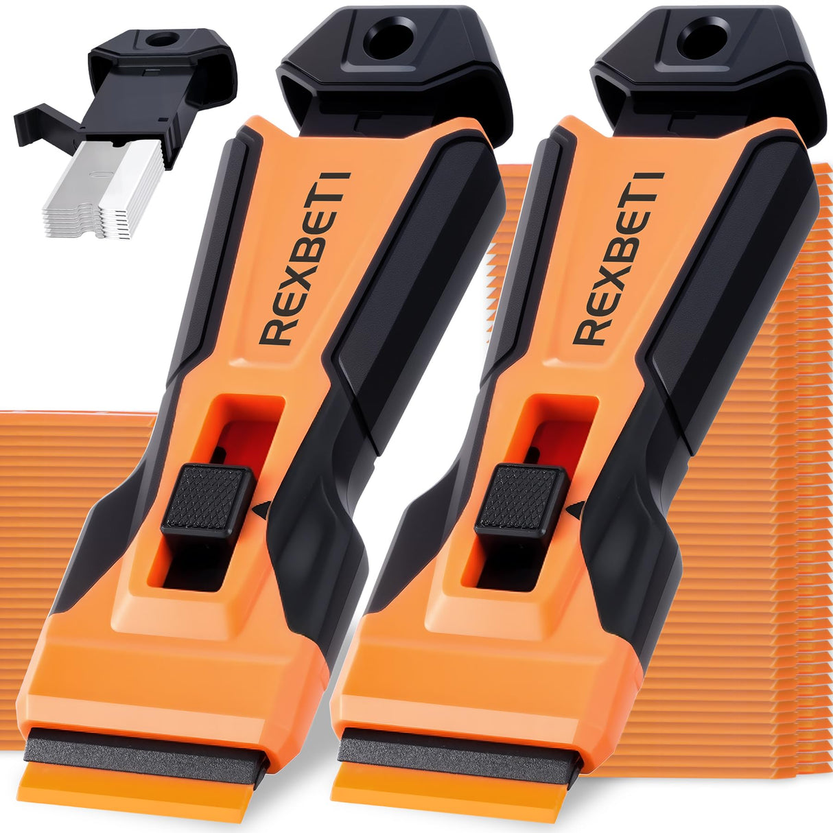 REXBETI Razor Blade Scraper Tool, 2 Pack Razor Scraper with Extra 314Pcs Razor Blades -14Pcs Metal and 300Pcs Plastic Blades, Cleaning Scraper Tool, Cooktop, Paint, Glass Scraper