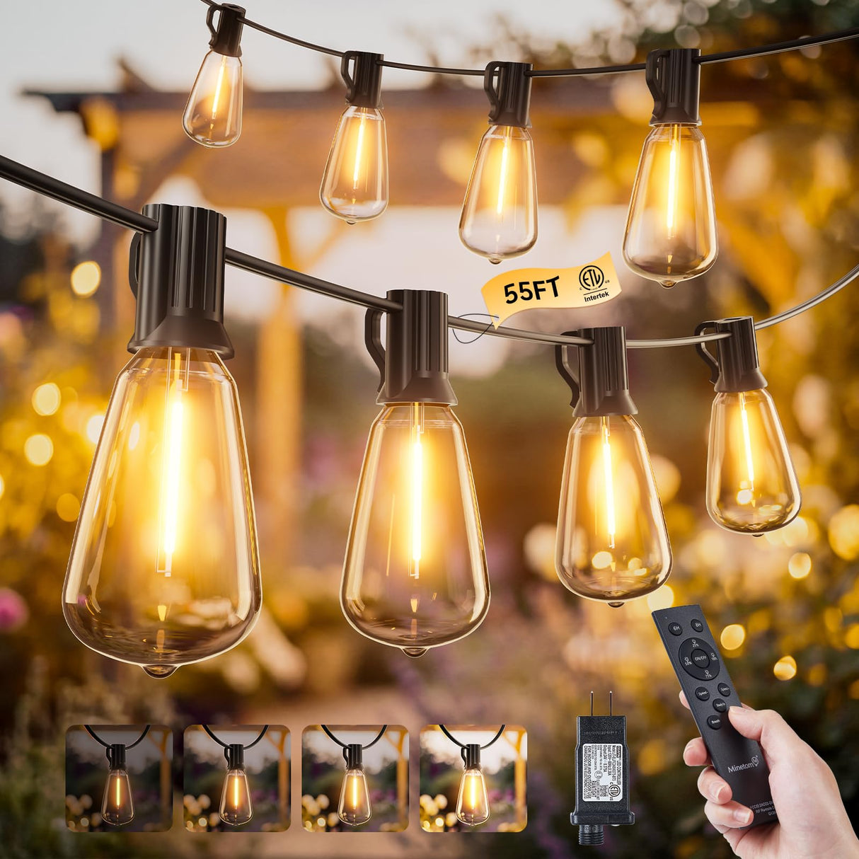 Minetom 55FT Outdoor String Lights with Remote, 17+1 Shatterproof ST38 LED Bulbs, Waterproof Patio Lights with 3 Modes, Dimmable & Connectable 2700K Hanging Lights for Backyard Porch Deck Balcony