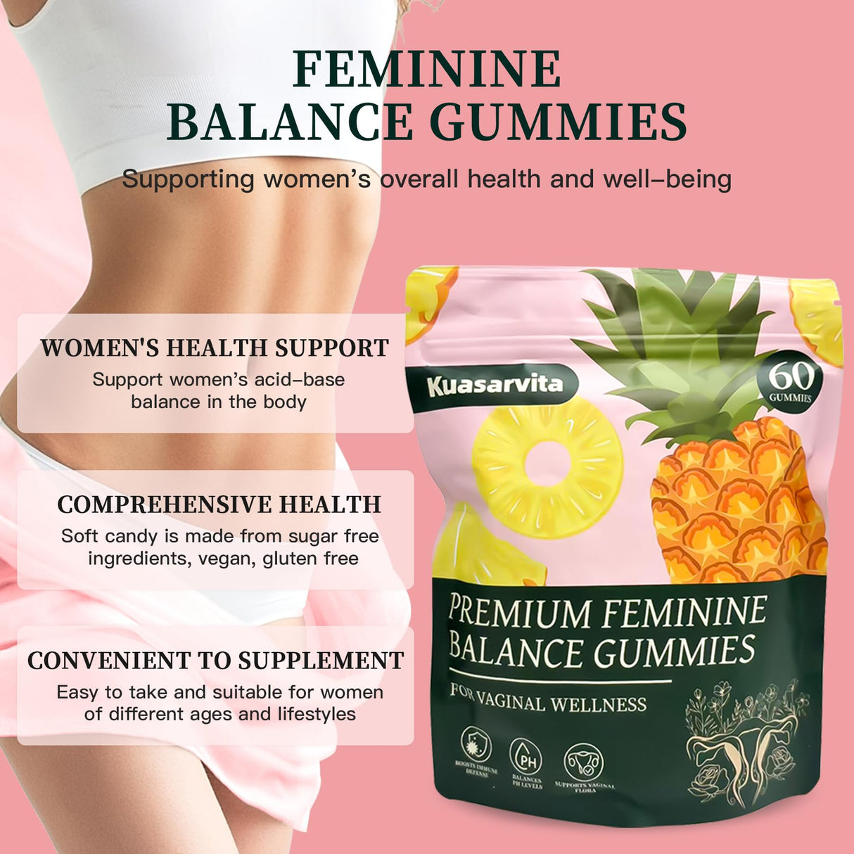 Kuasarvita Premium Vaginal Probiotics Gummies | Menstrual Relief | Feminine Care for Woman Balance pH | Hawaiian Pineapple Flavor | Sugar Free | 60 Gummies