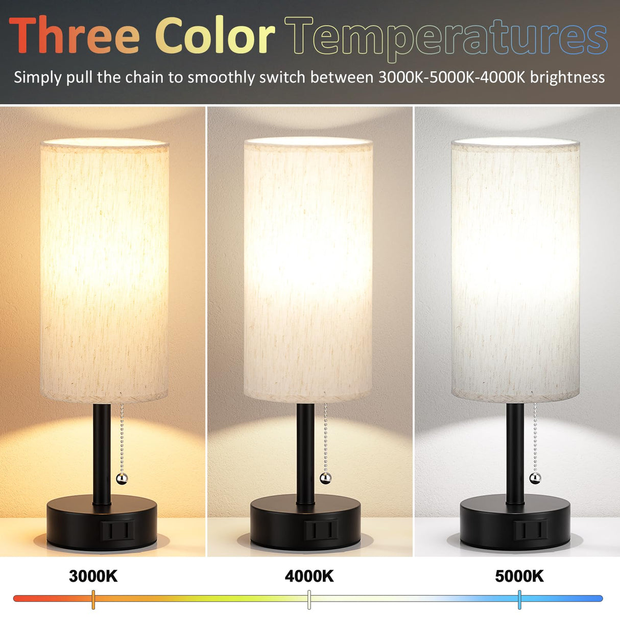 Fenmzee Bedside Table Lamps Set of 2-3 Color Temperatures Pull Chain Lamp with AC Outlet Charging Port, Small Round Night Stand Lamps for Bedroom Guest Room Office, Bed Side Light with E26 LED Bulbs