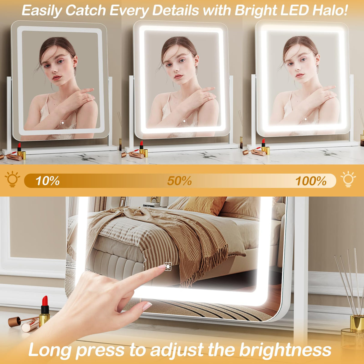 Lighted Makeup Mirror, Hollywood Vanity Mirror with Lights, Three Color Lighting Modes, and Detachable 10X Magnification Mirror, Smart Touch Control, 360°Rotation (15.2in. Gold)