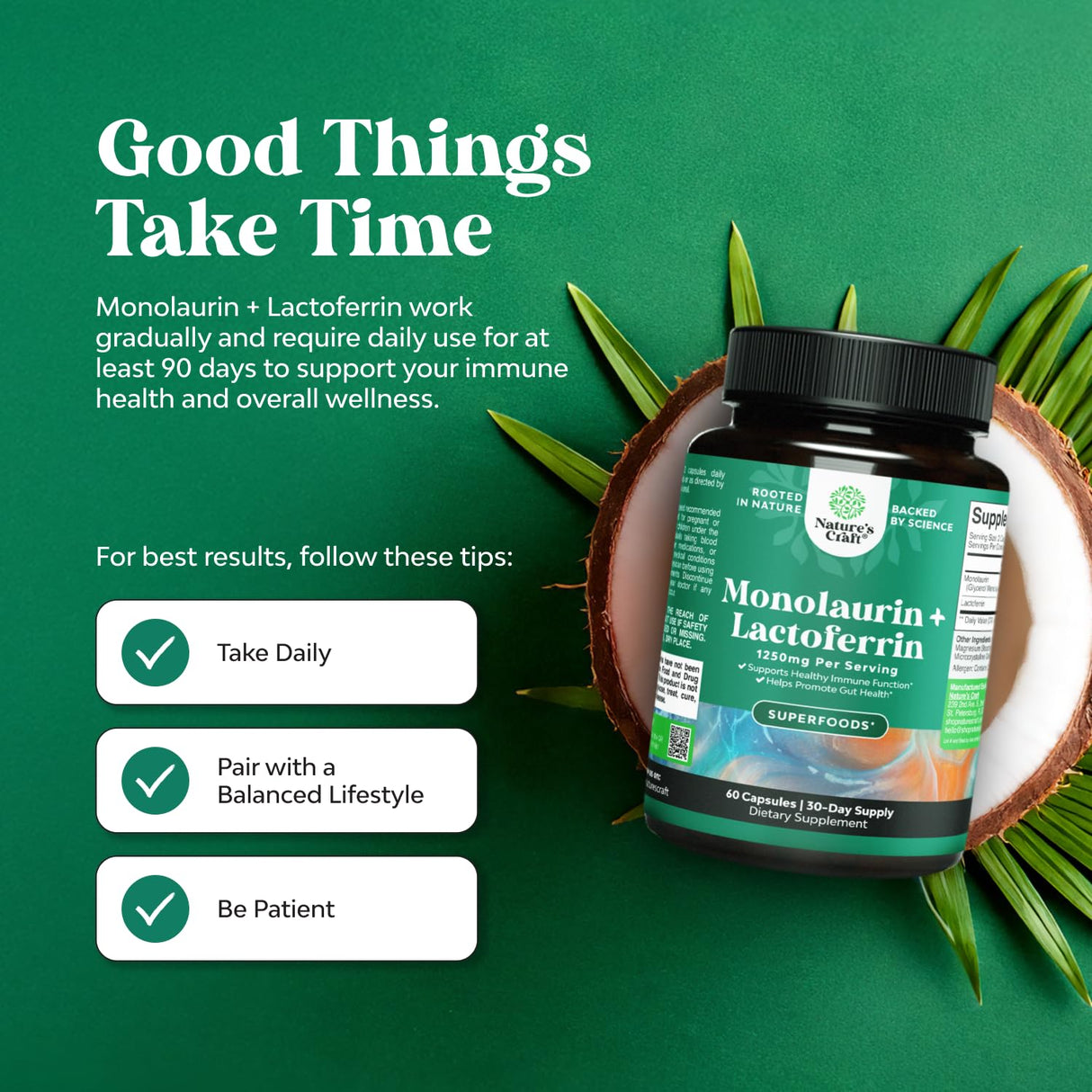 Natures Craft High Strength 250mg Lactoferrin & 1000mg Monolaurin Supplement (30 Servings) - Microbiome Digestive Health Immune Support Supplement - Lactoferrin and Monolaurin Capsules - Vegetarian