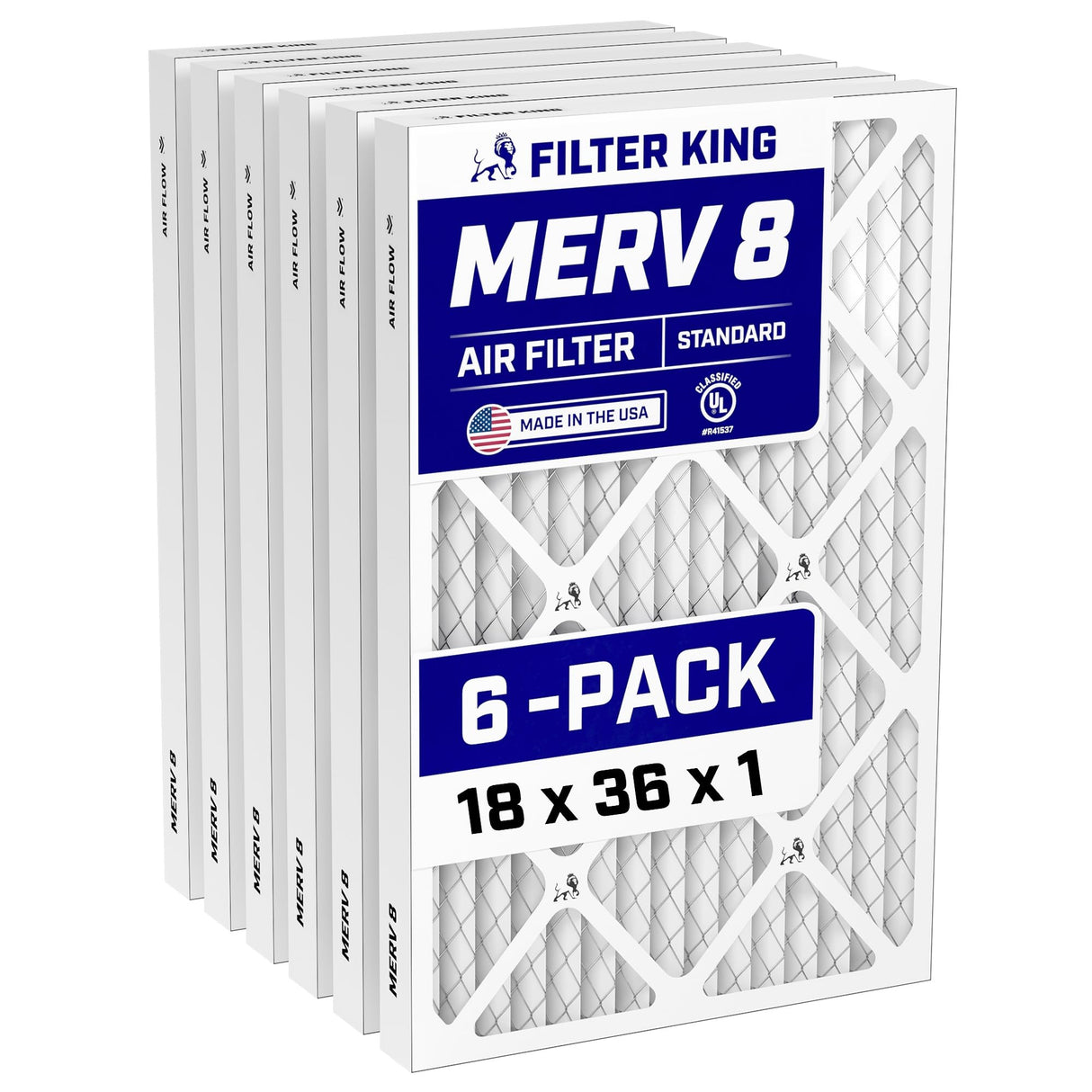 Filter King 18x36x1 Air Filter (MERV 8) (6-Pack) Dust & Allergy Control AC Furnace Filters, MADE IN USA, HVAC, Pleated, Electrostatic (Actual Size: 17.5 x 35.5 x .75)