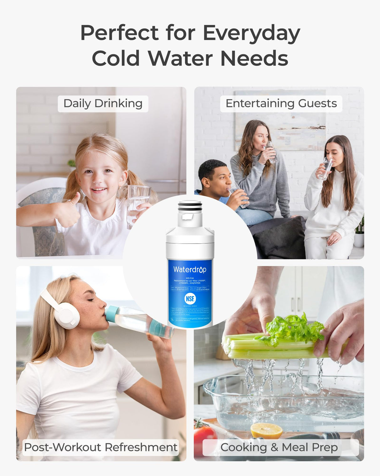Waterdrop ADQ747935 LT1000PC Replacement for LG® LT1000P®/PC/PCS ThinQ® Refrigerator Water Filter, LFXS26973S, LMXS28626S, LMWS27626S, LFXS28596S, ADQ74793501 and LT120F®, 3 Combo