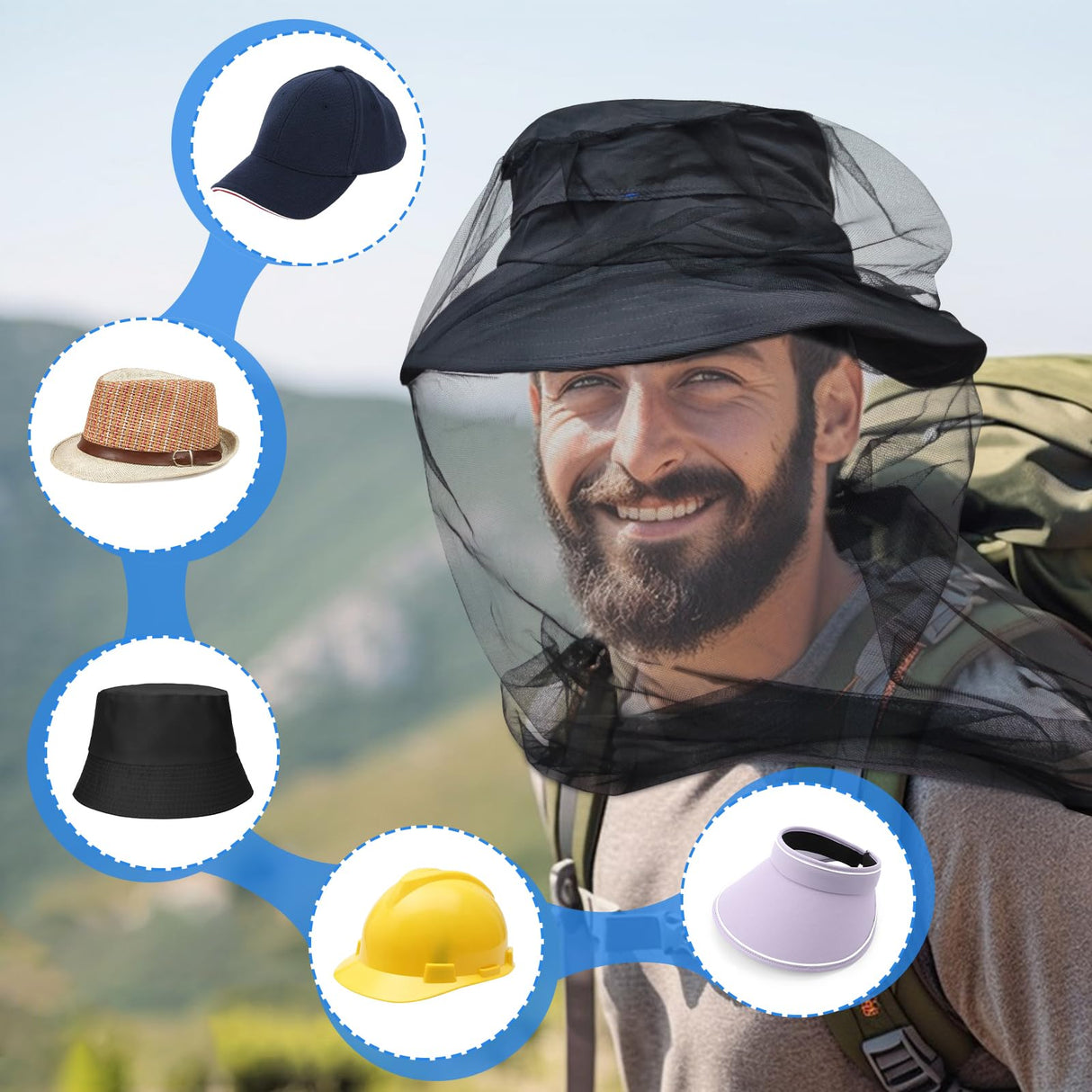 South to East Premium Mosquito Head Net for Insect, 4 Pack, Fly & Bug Protection | Ultra Large & Long, Extra Fine Holes for Camping, Hiking, Fishing, Gardening, Safari, Fits All Hats for Men & Women