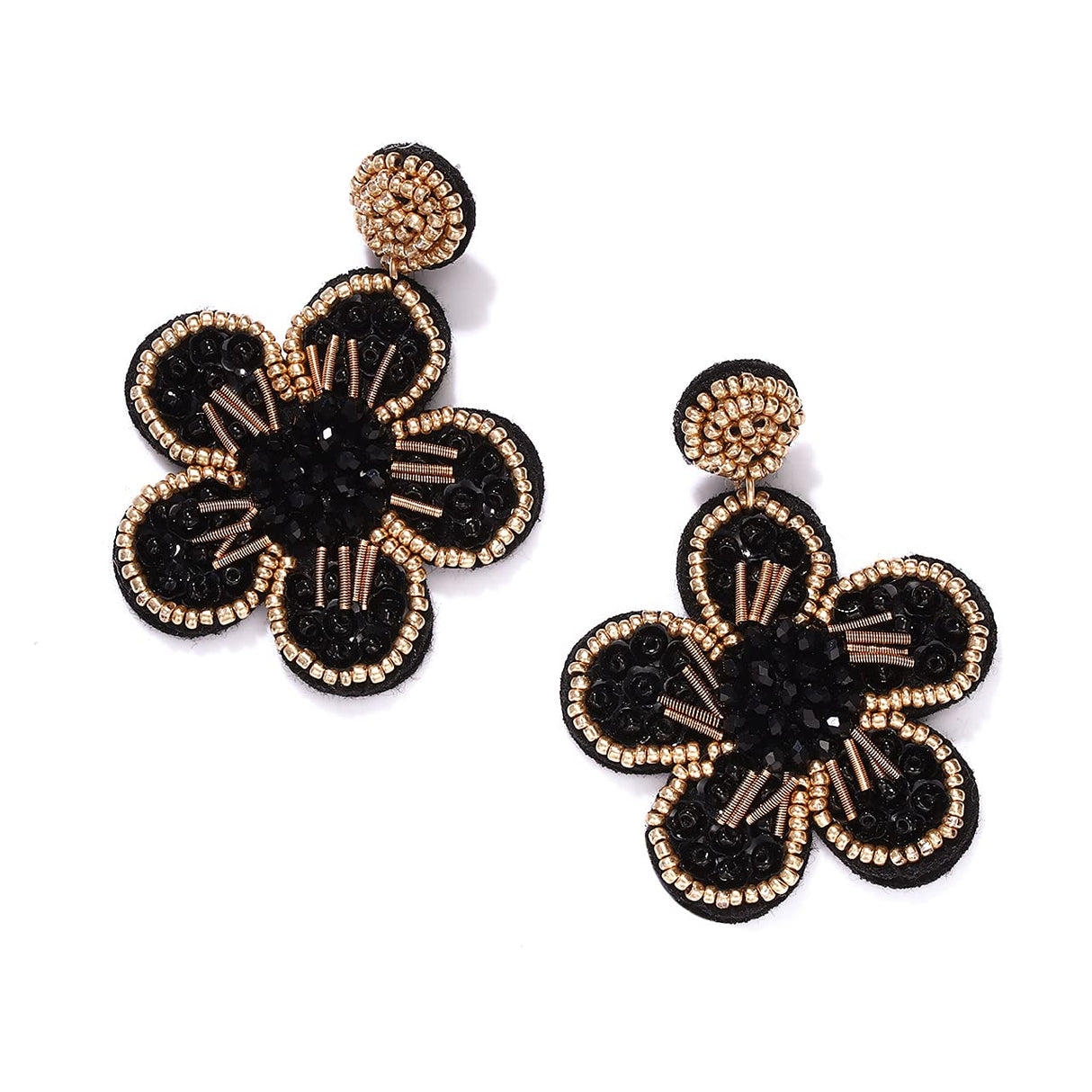 Beaded Drop Earrings Statement Colorful Beaded Flower Earrings Handmade Bohemia Tropical Beadwork Dangle Earrings For Woman (black)