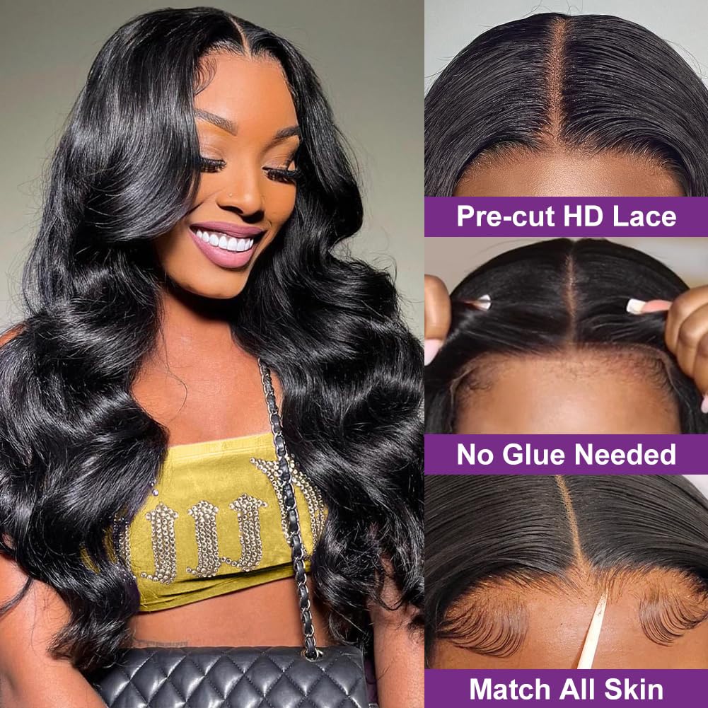 Daveila Body Wave Glueless Wig Human Hair Pre Plucked Pre Cut Glueless Lace Front Wig Ready to Wear 6x4 Body Wave Closure Wig Human Hair 180% Density Body Wave Pre Plucked Human Hair Wig Lace 22 Inch