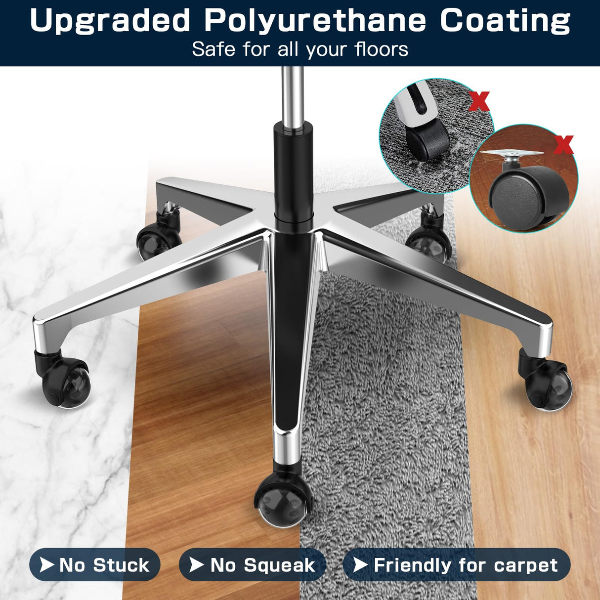 Office Chair Replacement Wheel - Quiet & Smooth Gliding - 2 Inch Heavy Duty Rolling Chair Casters Supports 2000 Lbs,Desk Chair Wheels Universal Fit,Safe for All Floor Or Carpet Set of (Premium Black)