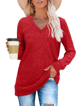 Sampeel Womens Long Sleeve Tops Casual V Neck Fall Shirts Christmas Valentine's Day Sweaters Loose Fit 2025 Red M