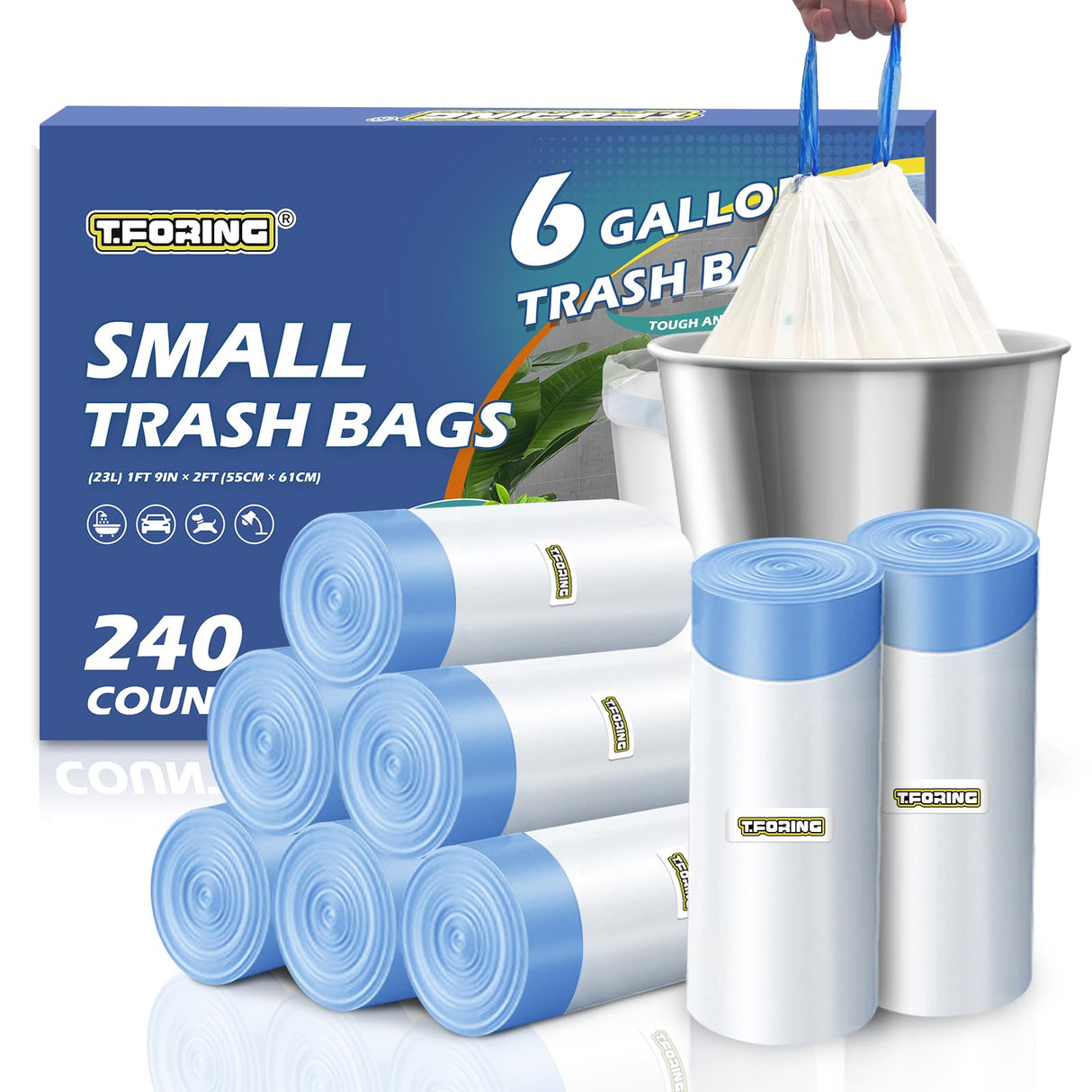 240 Count 6 Gallon Trash Bags Drawstring - Medium Garbage Bags 1.1 Mil,22.5 Liter Strong Plastic Trash Can Liners Unscented,Thick Waste Basket Bags for Home Bathroom Office Kitchen