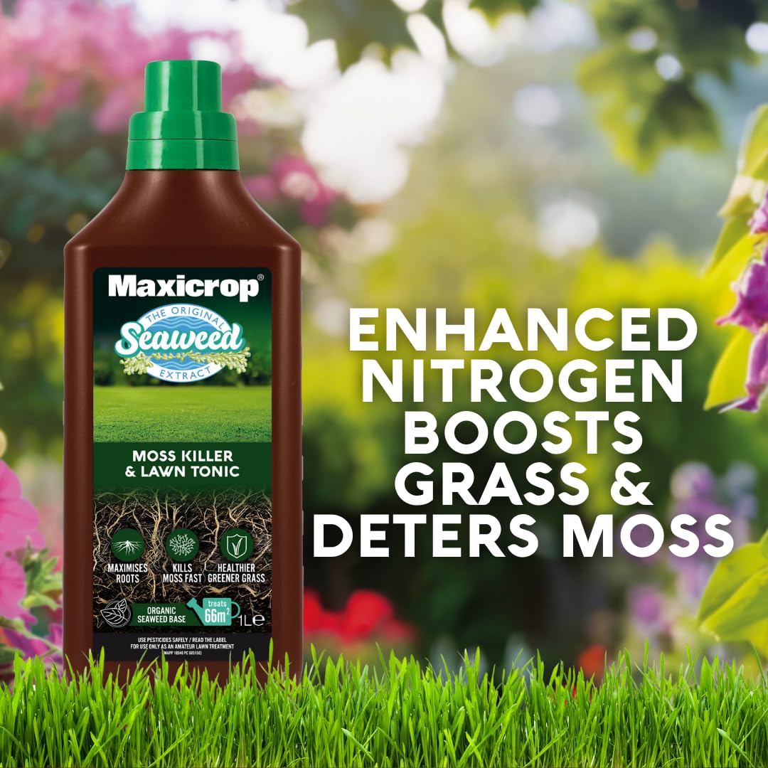 Maxicrop 86600258 Moss Killer & Lawn Tonic, 1L - Fast Acting 2-in-1 Moss Killer and Lawn Re-Growth Tonic - with Natural Seaweed Extract - Improves Lawn Health and Strong Rooting - Garden Care