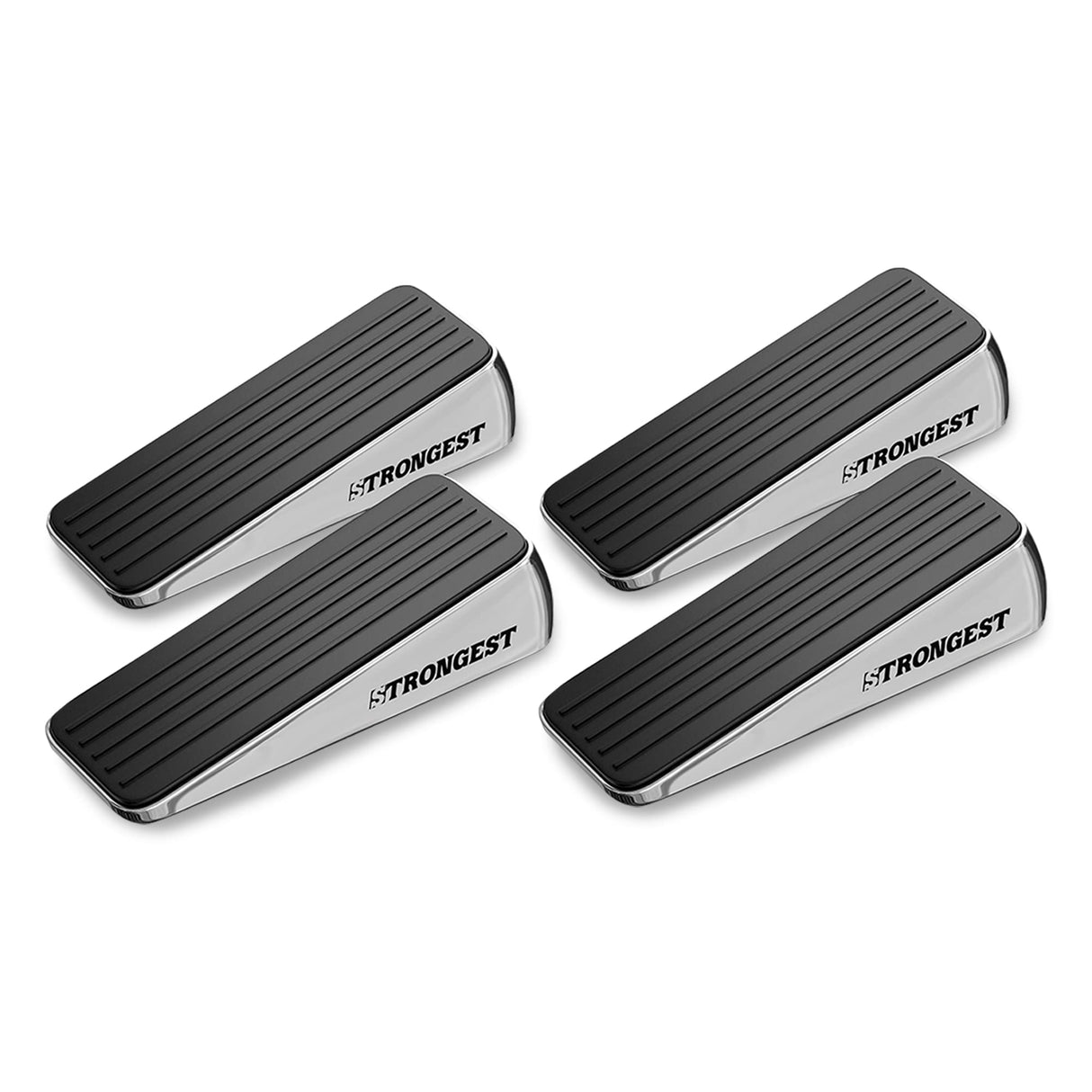 Strongest Home Door Stopper, Set of 4 Heavy Duty Door Stop Wedge Made of Premium Quality Zinc and Rubber Suits Any Door, Any Floor. Plus 2 Self Adhesive Wall Protectors (Black Silver)
