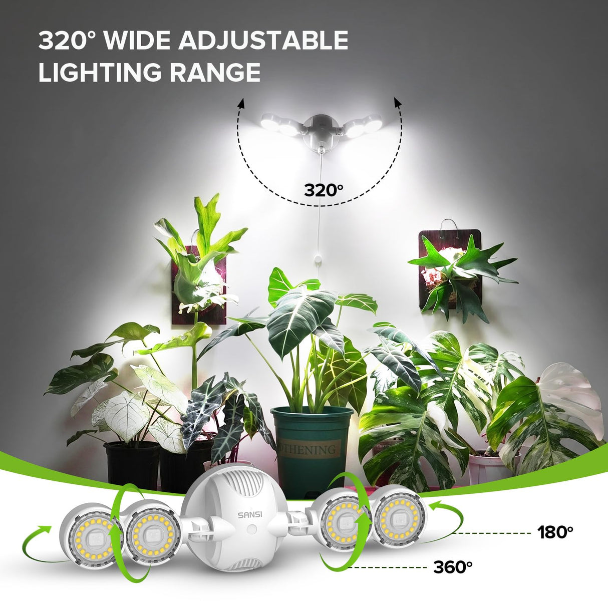 SANSI 30W Wall Mounted Grow Light – Dual Head Full Spectrum Plant Light with Remote, Programmable Timer, Dimmable 4-Level Brightness, 320° Wide Coverage, 4000K Natural Light for Indoor Plants