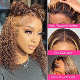 14 Inch Highlight Blonde Wear and Go Glueless Curly Bob Wig Human Hair Pre Plucked, Glueless Pre cut HD Lace Front Wigs Human Hair,Water Wave No Glue wigs, Natural Hairline for Women 200% Density