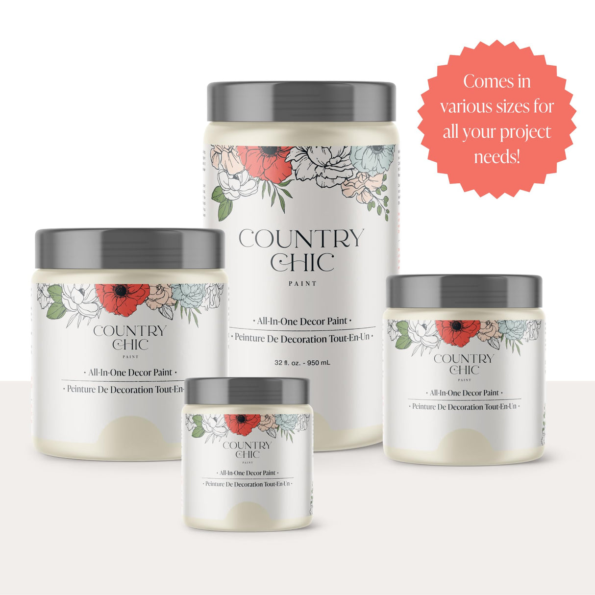 Country Chic All-in-One Chalk Paint for Furniture, Cabinets, Home Decor, Eco-Friendly, Matte Finish, Built-In Primer & Top Coat for Wood, Metal - Crinoline (Off White) - Quart 32 oz (950 ml)