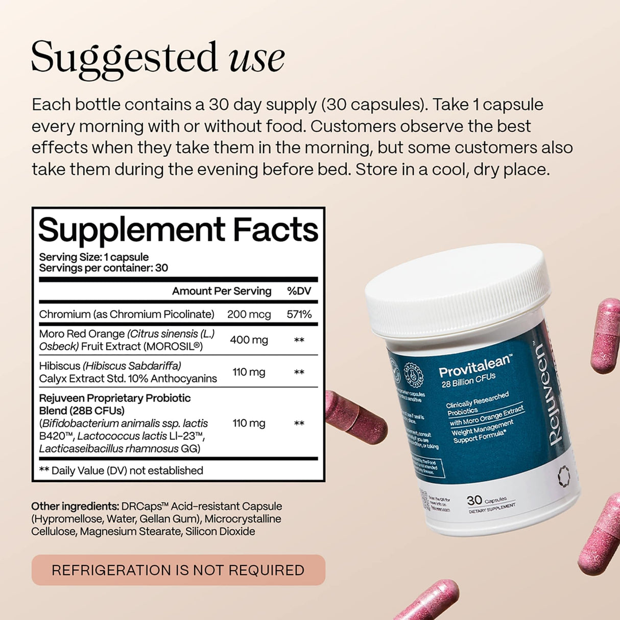 Rejuveen Provitalean GLP-1 Booster & Metabolism Fuel for Women | Mute Cravings for Belly Fat & Resistant Waistlines | B420 Probiotic, Morosil, Chromium | Vegan, Stimulant-Free, Gluten-Free | 30 Ct