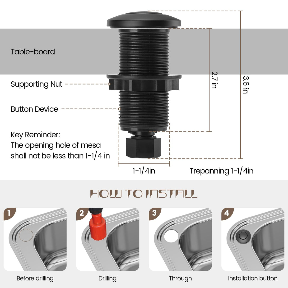 Garbage Disposal Air Switch Kit Sink Top Waste Disposal Long Stainless Steel Black On/Off Air Button Food and Waste Disposals Part by Etoolcity, UL Listed