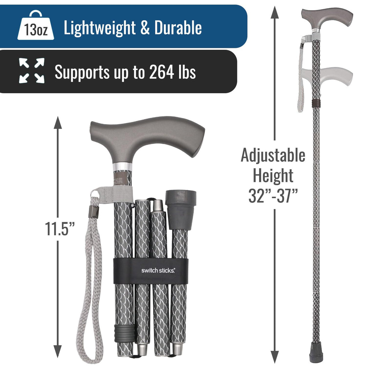 Switch Sticks Walking Cane for Men or Women, Foldable and Adjustable from 32-37 Inches, FSA and HSA Eligible, Engraved Graphite