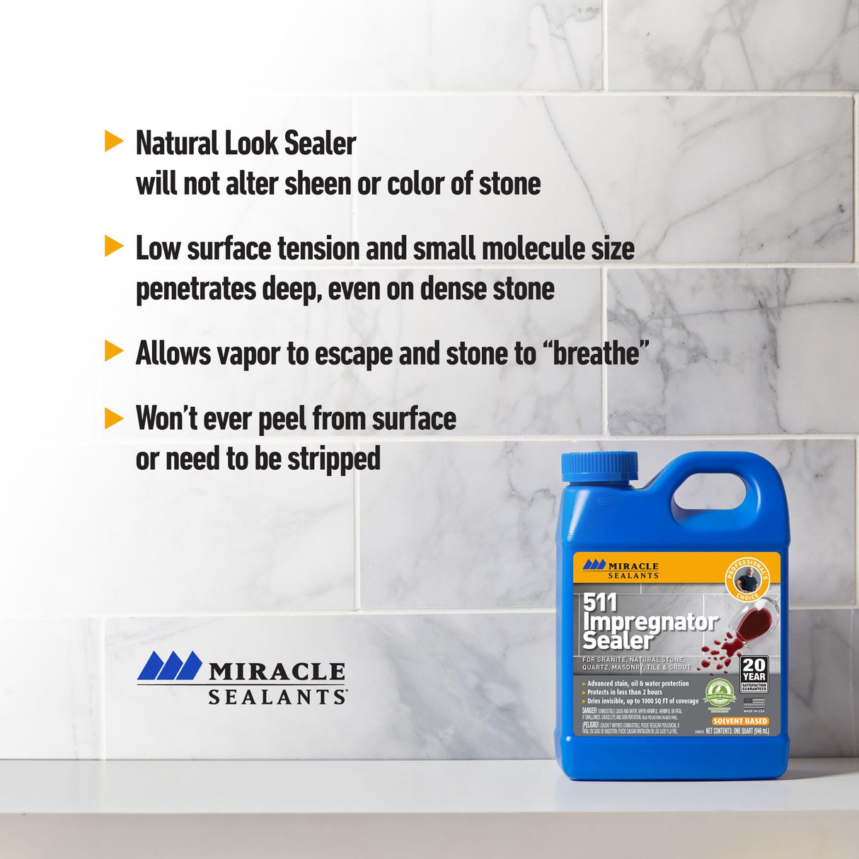 Miracle Sealants 511 Impregnator Advanced Penetrating Sealer for Countertops, Stone, Tile & Grout, Quart