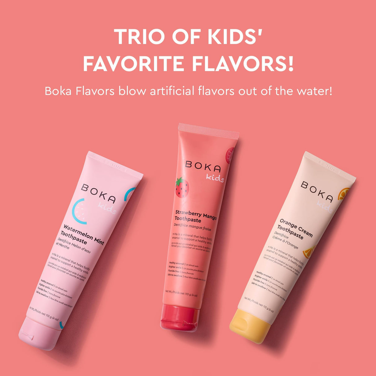 Boka Fluoride Free Toothpaste Nano Hydroxyapatite Toothpaste - Orange Cream, Watermelon Mint, Strawberry Mango Flavor, 4 oz 3Pk US Manufactured