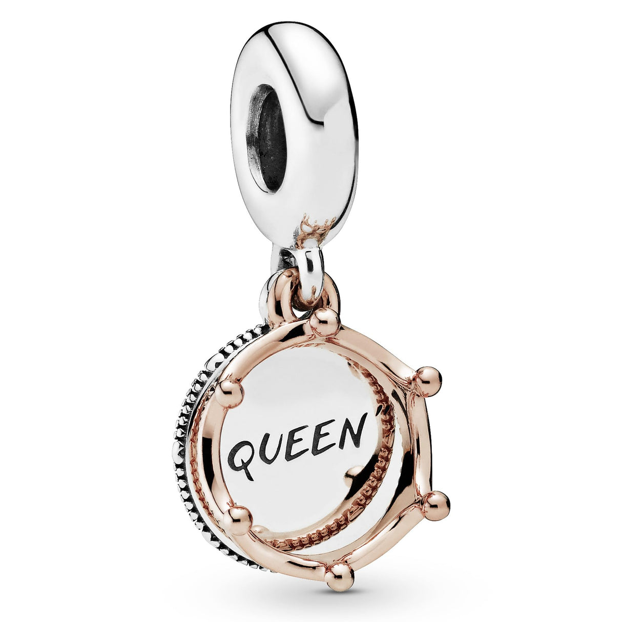 PANDORA Queen & Regal Crown Dangle Charm - Engraved Plaque Detail - Jewelry for Her with Gift Box - Compatible Moments Charm Bracelets - Sterling Silver & 14k Rose Gold
