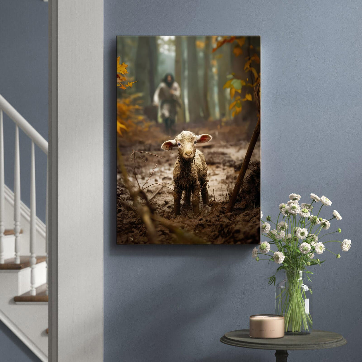 Ploceiny christian gifts for women-men,Religious canvas home decor for prayer room christmas decorations Jesus Running After Lost Lamb Picture Jesus and lamb poster wall decor A-392 (16"X24")