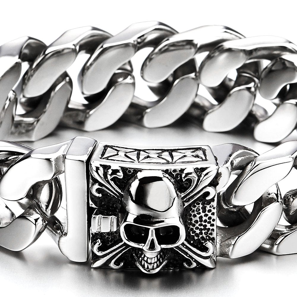 COOLSTEELANDBEYOND Men's Stainless Steel Cuban Link Curb Chain Bracelet With Skull Box Clasp, Heavy and Sturdy Biker Gothic Punk Jewelry Gift