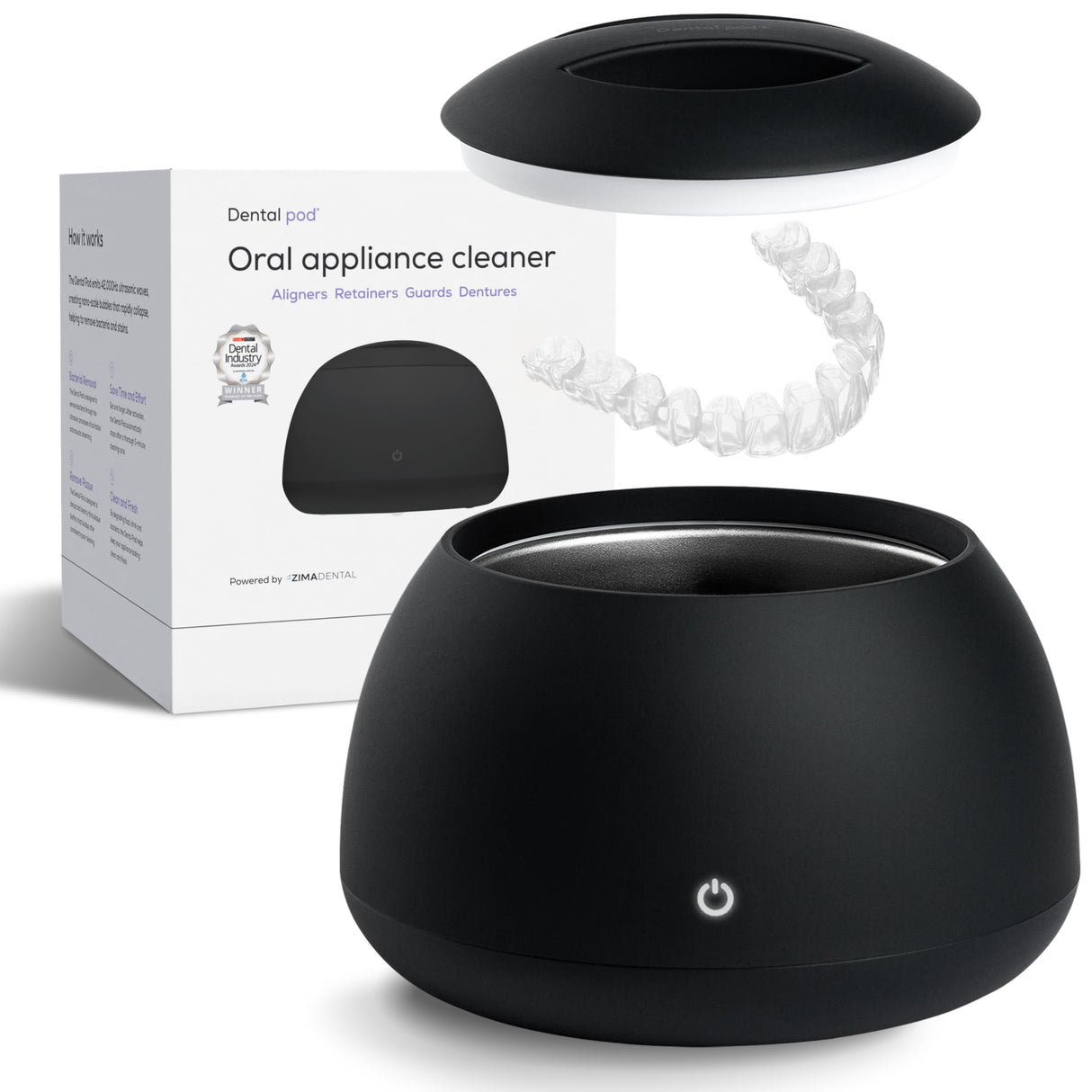 Zima Dental Pod | Jet Black | Ultrasonic Retainer Cleaner Machine | Aligner, Nightguard, Mouth Guard, Denture Cleaner | Oral Dental Care FSA HSA Approved